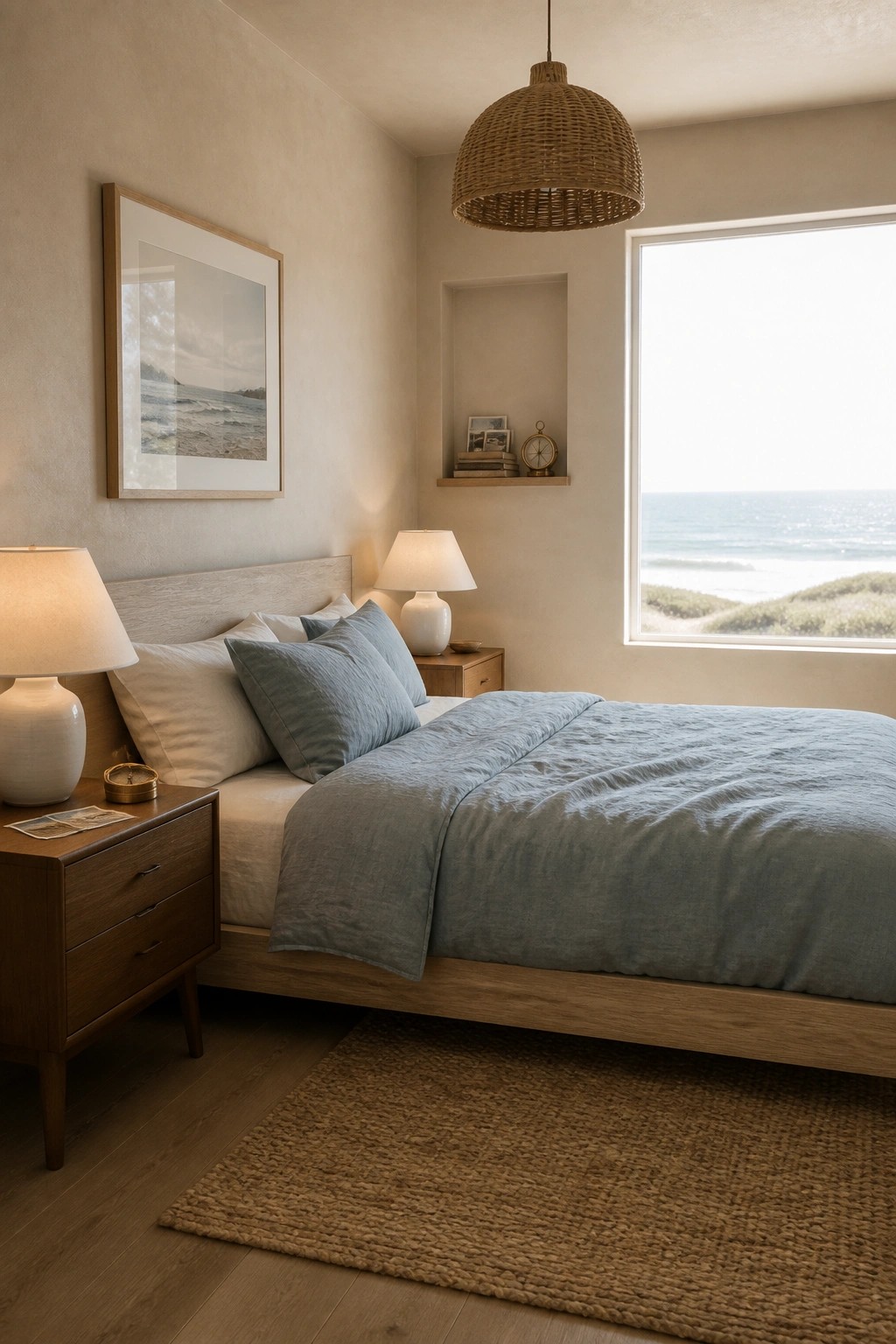 A minimalist bedroom featuring a wooden bed with blue-gray bedding, two wooden nightstands with white lamps, a large ocean-view window, a woven pendant light, and a framed beach photograph on the wall.