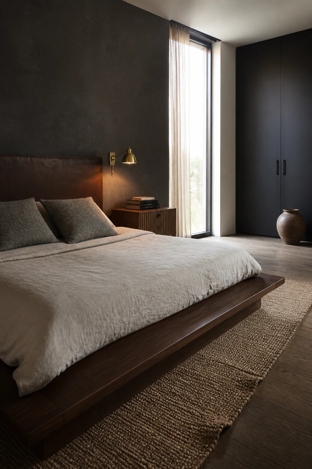A minimalist bedroom featuring a low dark wood platform bed with neutral bedding against dark textured walls and a tall window with sheer curtains.