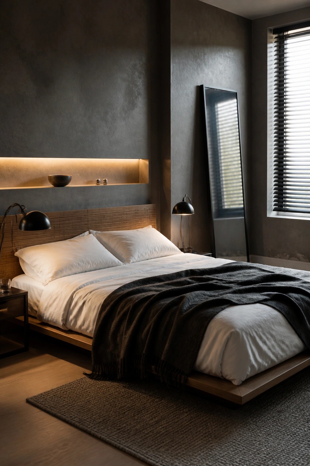 A minimalist bedroom featuring a low wooden platform bed with white linens and a dark throw, positioned beneath a recessed lit shelf on a dark textured wall.
