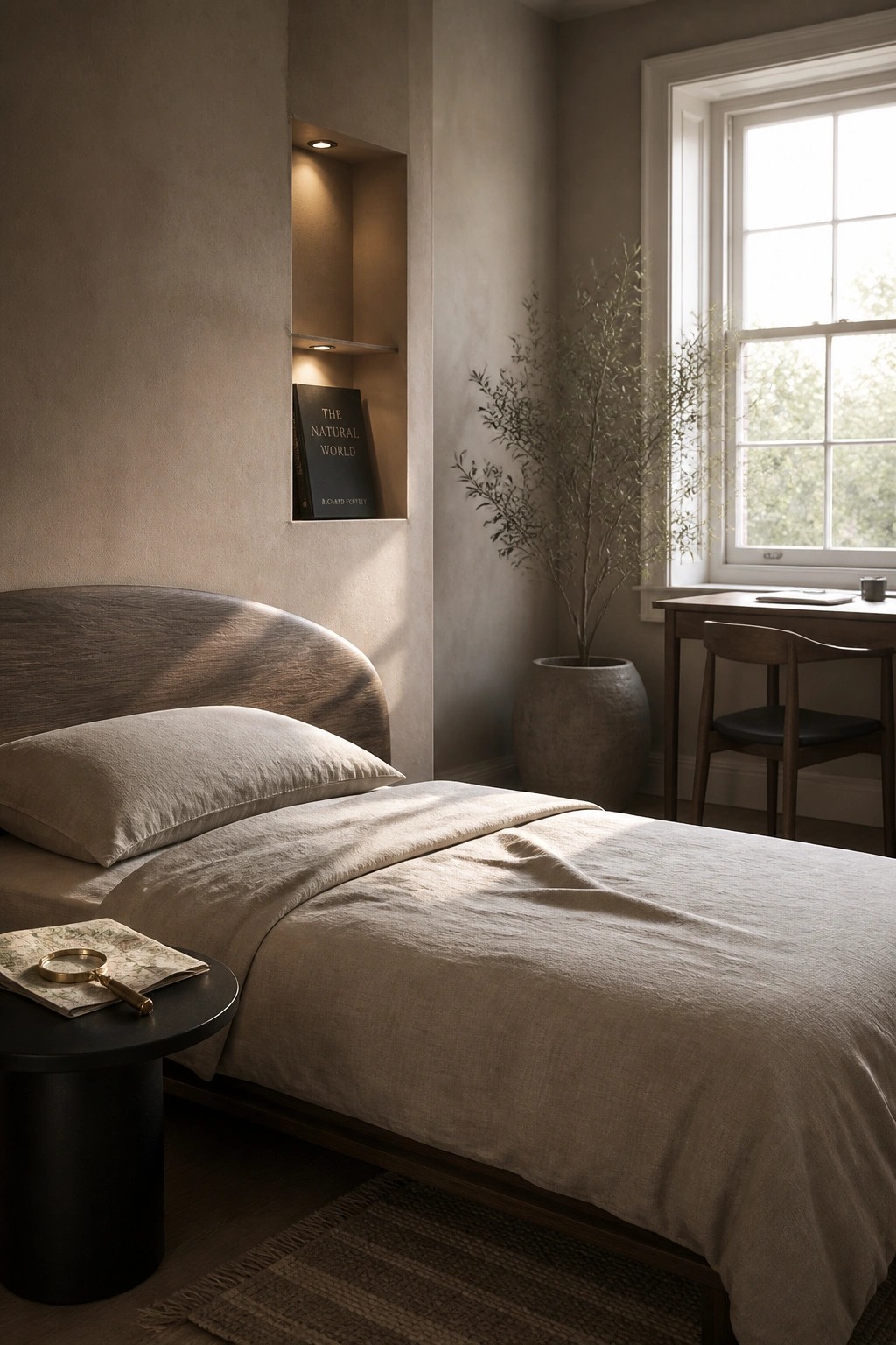 A minimalist bedroom with a wooden bed frame, neutral linen bedding, a rounded headboard, and a recessed lit niche holding a book.