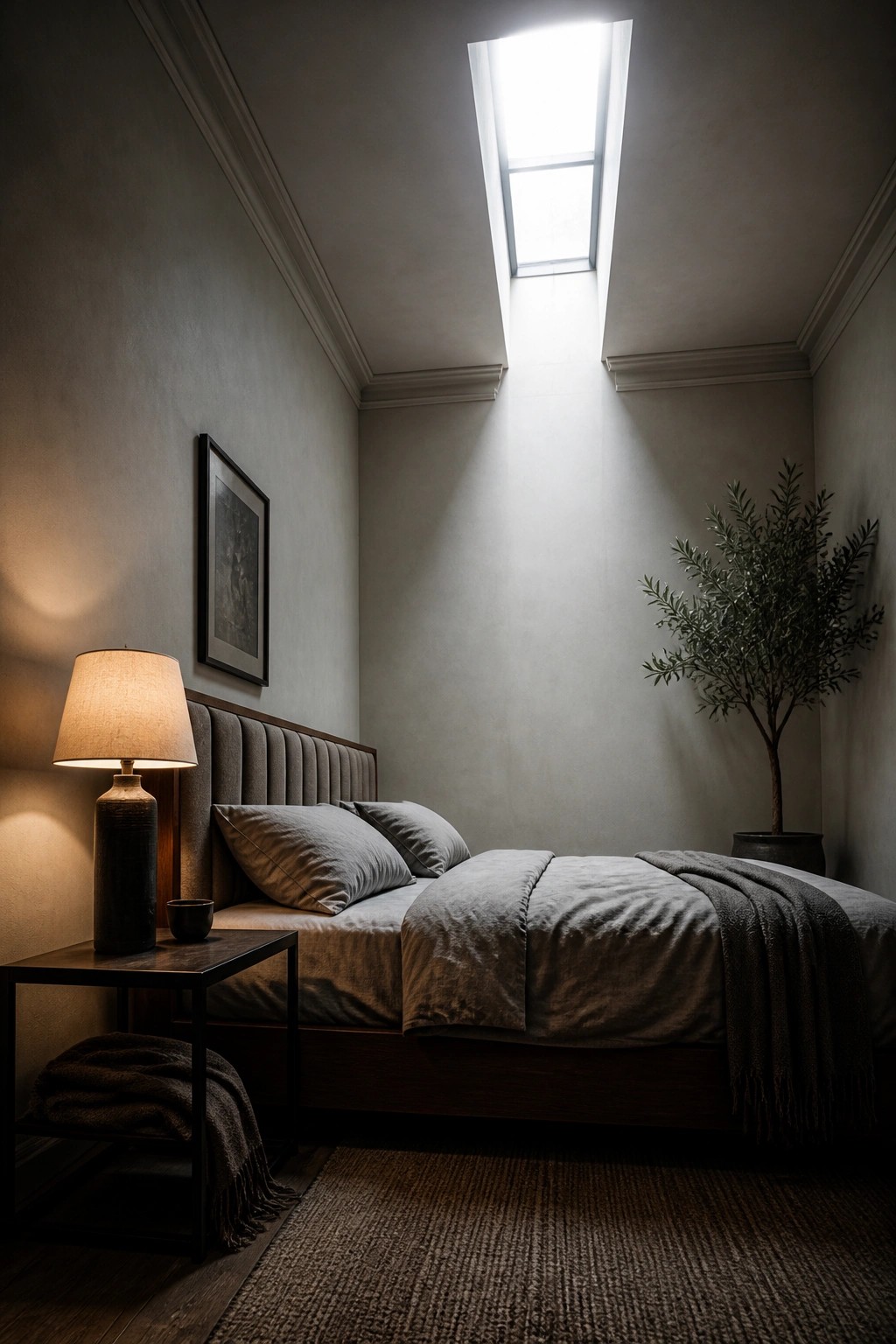 A minimalist bedroom features a low wooden bed with gray bedding, a single bedside table with a lamp, a framed picture on the wall, a potted tree, and a tall narrow skylight in the ceiling.