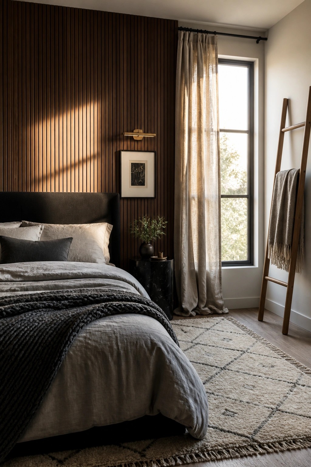 A bedroom with a dark upholstered bed against a vertical wood slat wall, neutral linens, a window with sheer curtains, and a light rug on the floor.