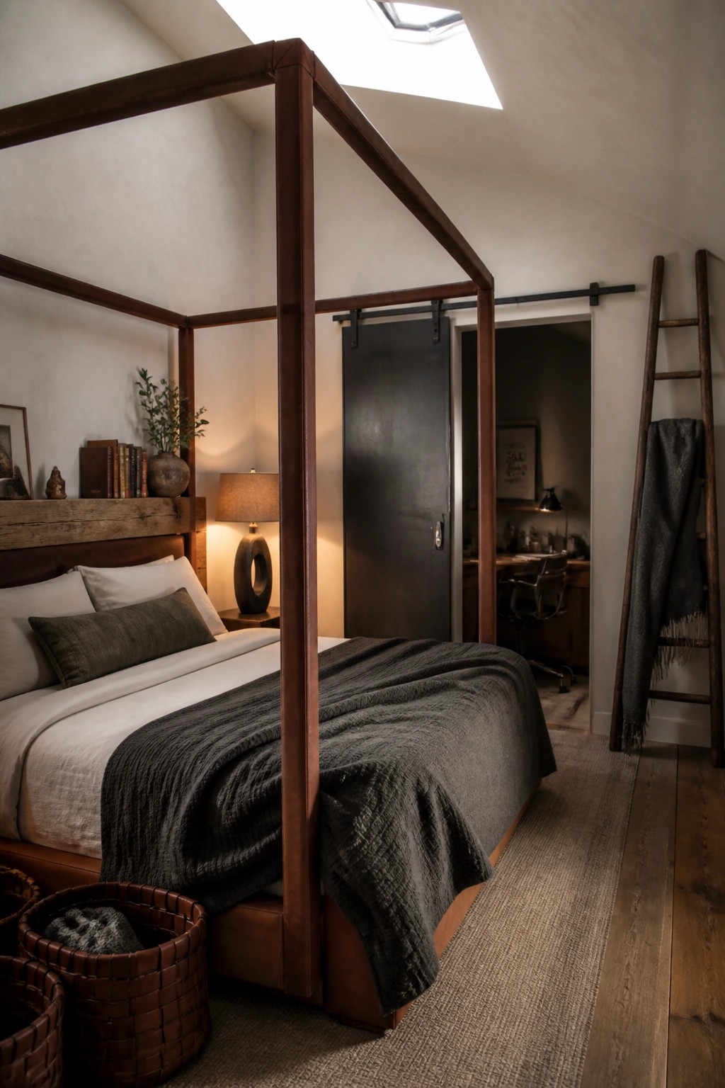 A modern bedroom with a dark wood four-poster bed dressed in white sheets and a dark gray blanket, with woven baskets on the floor and a desk visible through an open doorway.