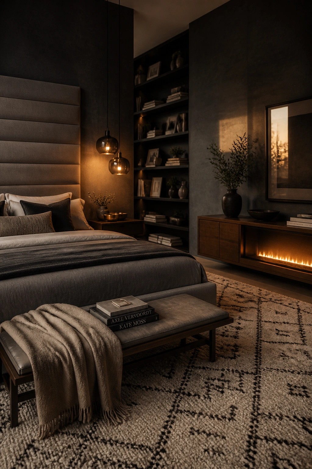 Dark modern bedroom with upholstered bed, bench, bookshelves, and fireplace.