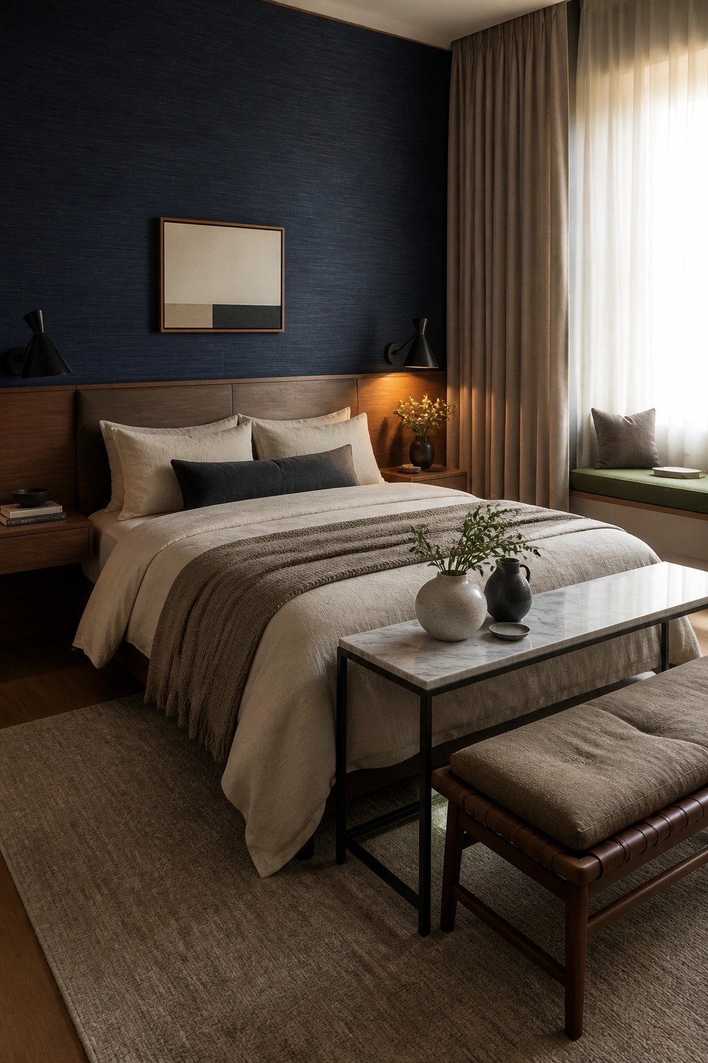 A modern bedroom with a large bed against a dark blue textured wall, a marble-topped bench with vases at the foot of the bed, and a cushioned wooden stool in the foreground.