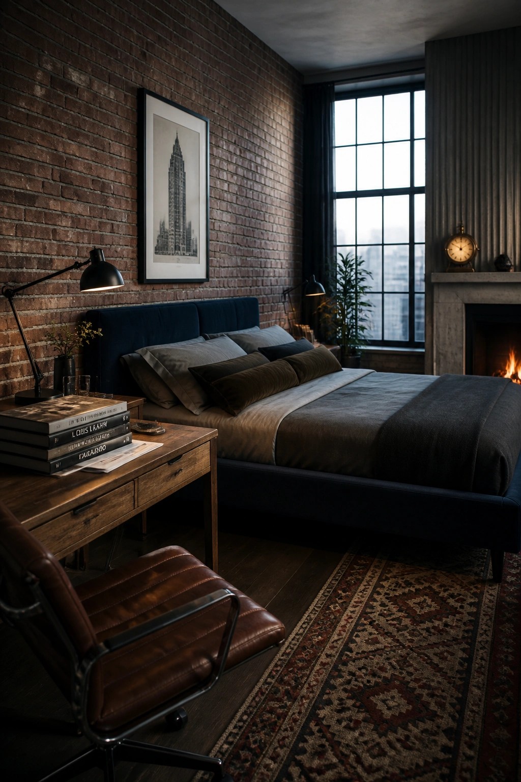 A modern bedroom with a dark blue bed against a red brick wall, a wooden desk holding stacked books beside the bed, a brown leather chair in front, and a large window with a fireplace on the right.