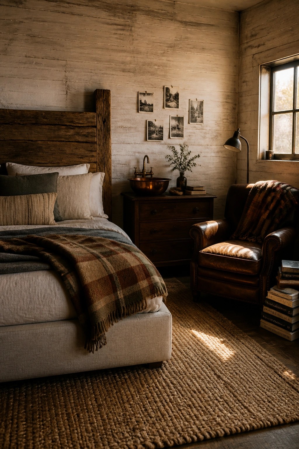 Rustic bedroom with wooden bed, plaid blanket, leather chair, and dresser.