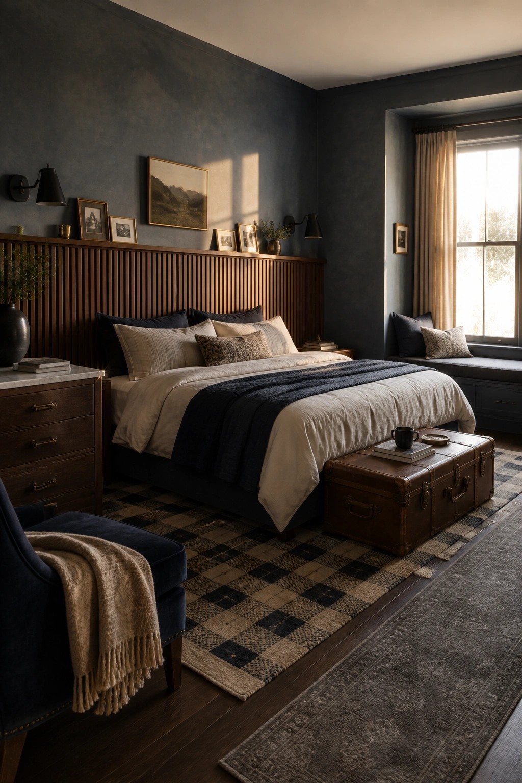 Moody bedroom with dark blue walls, wooden headboard, checkered rug, and vintage trunk.