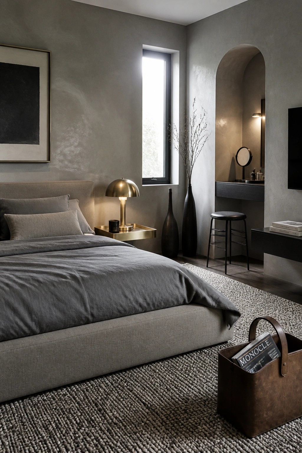 Modern minimalist bedroom with gray bedding, brass lamp, arched vanity, and woven rug