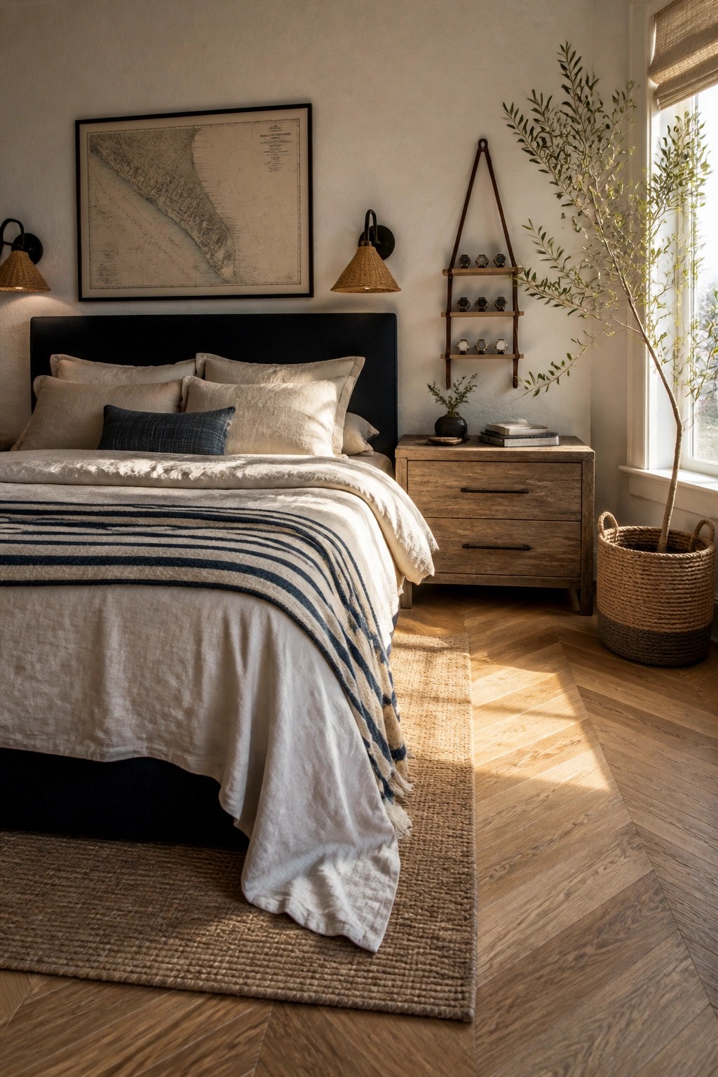 Cozy bedroom with neutral linens, wooden nightstand, woven rug, and potted tree