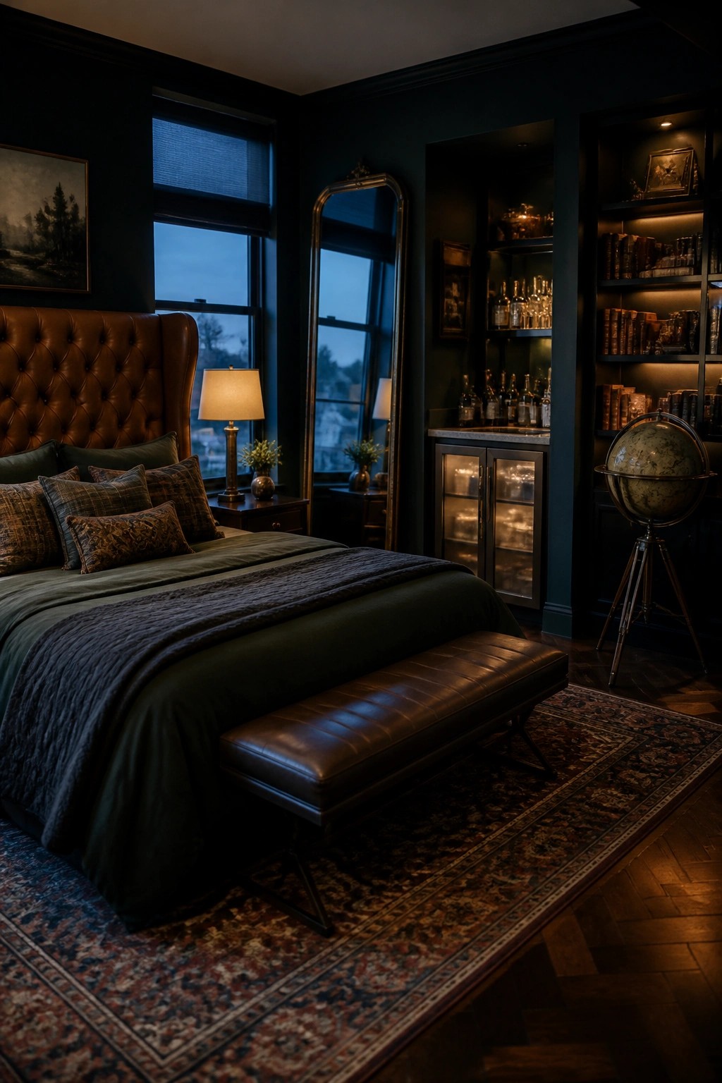 A bedroom with dark walls, a large tufted leather headboard, green bedding, a leather bench at the foot of the bed, and built-in shelving with a bar area containing bottles and glassware.