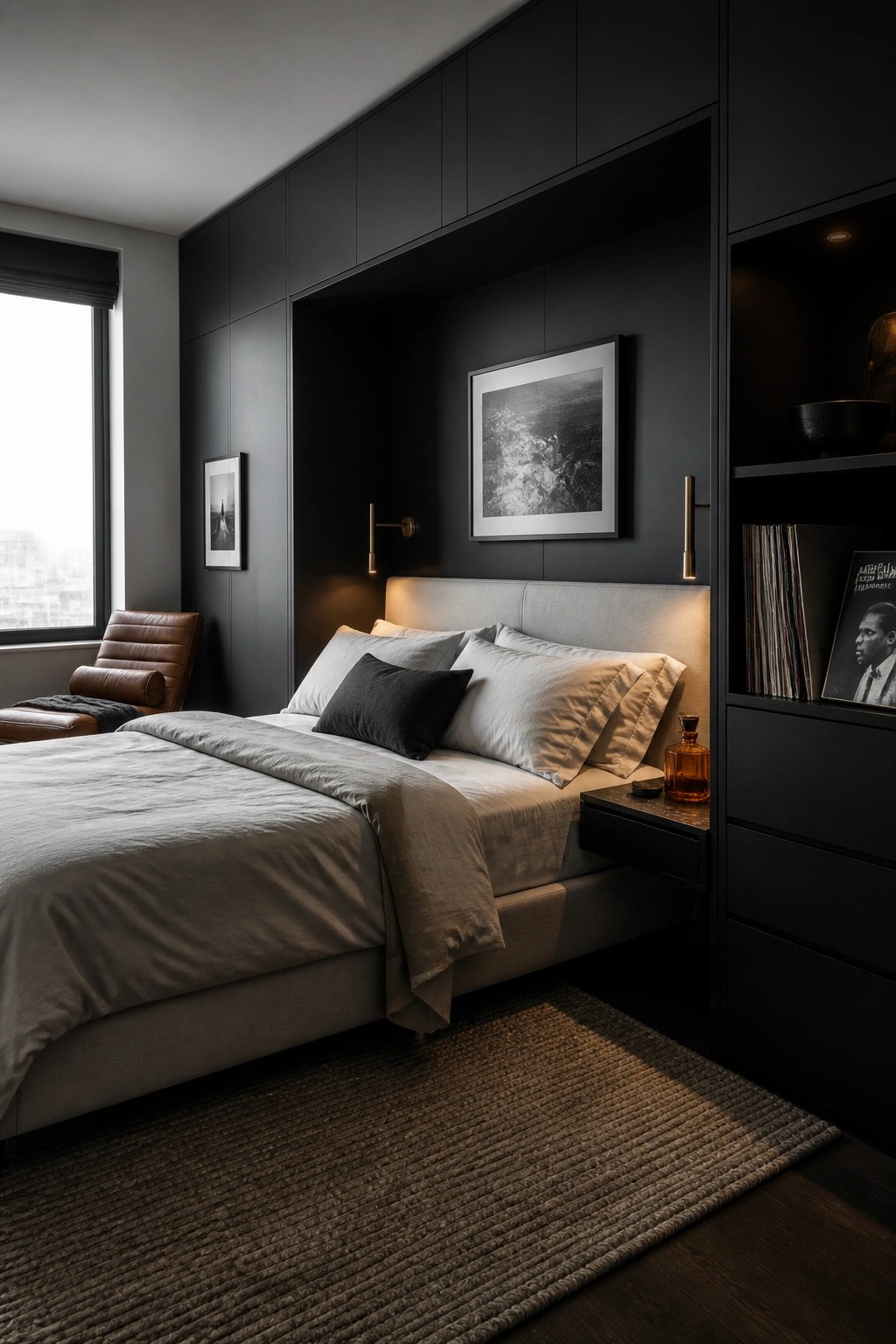 Dark modern bedroom with gray bed, black built-in cabinetry, leather chair, and woven rug