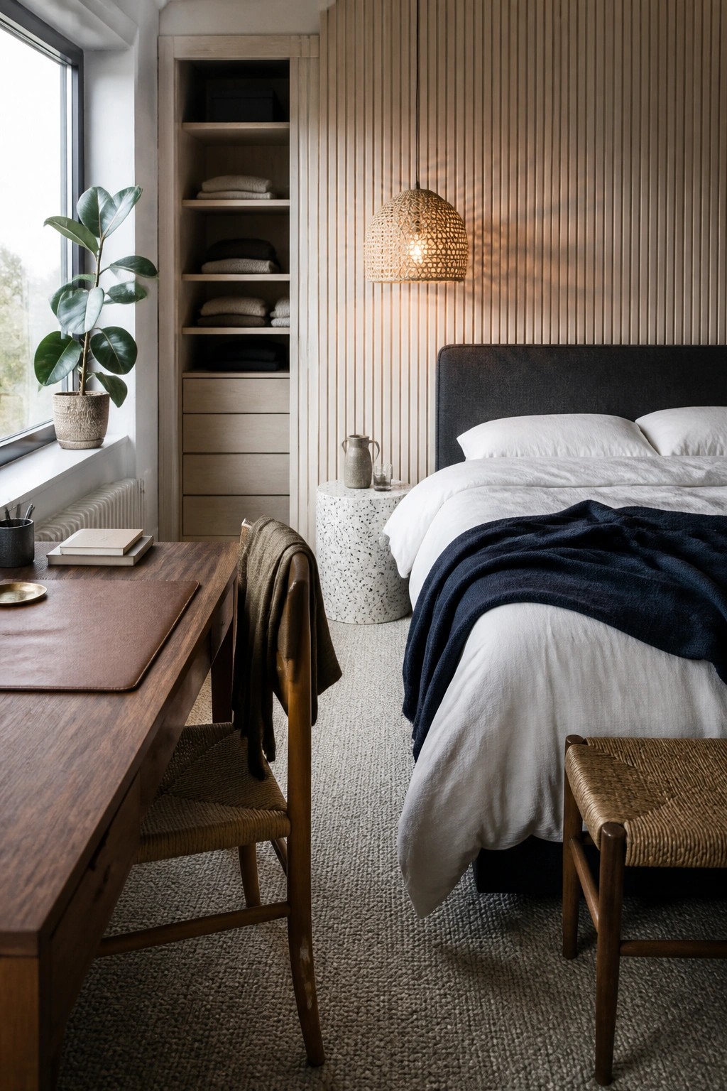 A bedroom interior showing a bed with white bedding and a dark throw, a wooden desk with a woven chair, and a tall built-in shelving unit with open shelves and drawers.