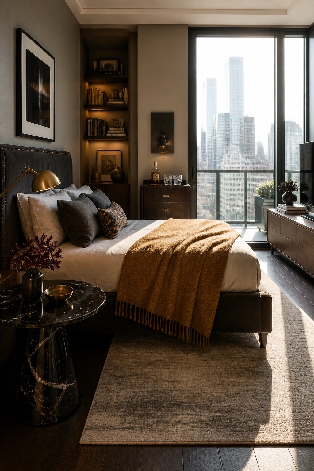 A modern bedroom with a large bed covered by a mustard throw, built-in lighted shelving beside it holding books, and a wide window showing a city skyline.