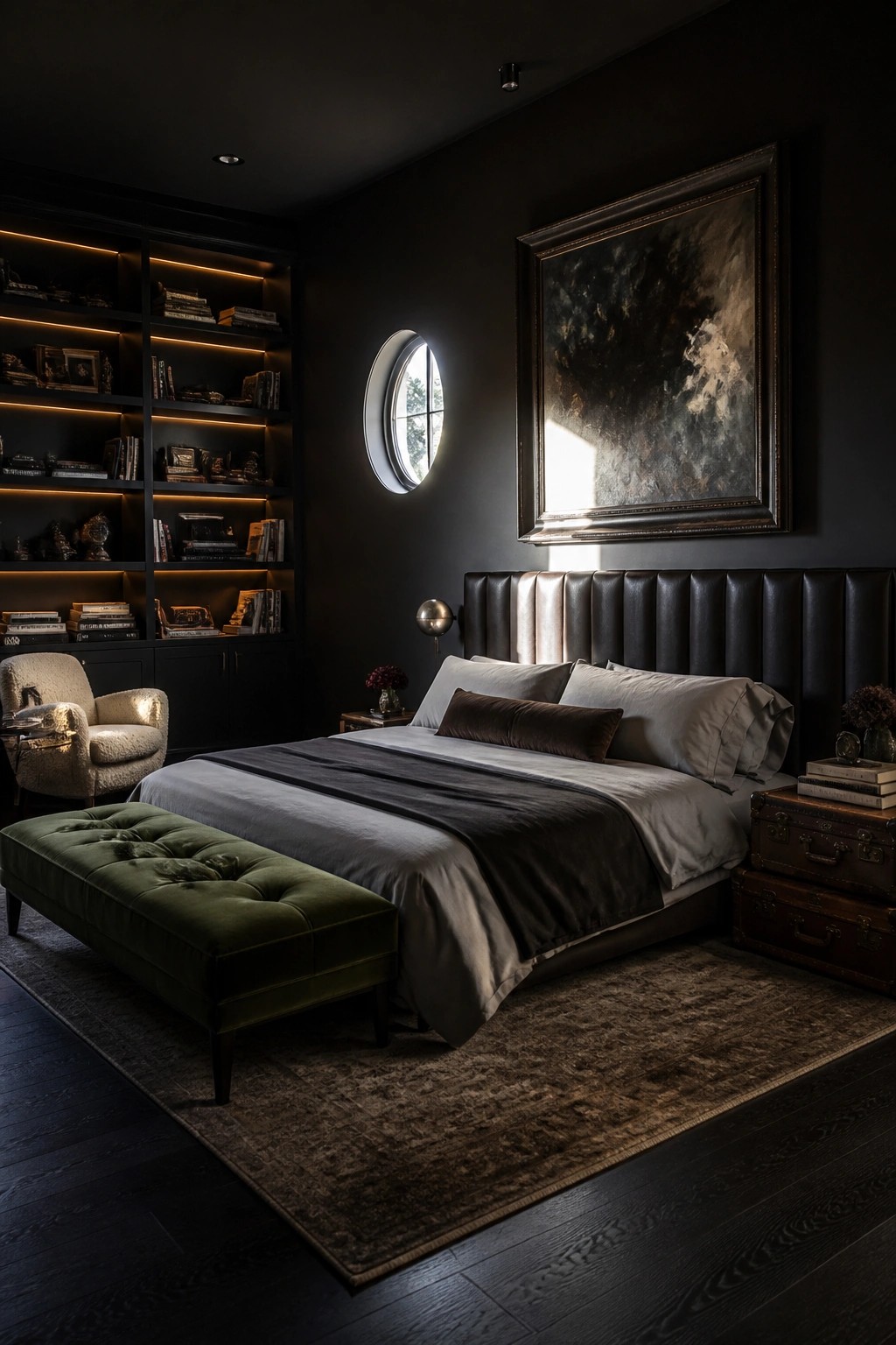 A dimly lit modern bedroom with dark walls, a large built-in bookshelf with warm LED lighting, a bed with a black leather headboard, and a green tufted ottoman at the foot of the bed.