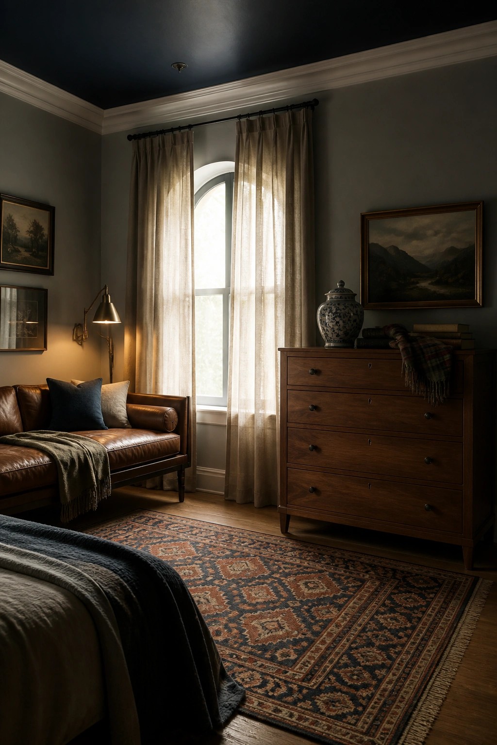 A bedroom interior featuring a dark blue ceiling, gray walls, a brown leather sofa, a wooden dresser, an arched window with curtains, and a large patterned rug.