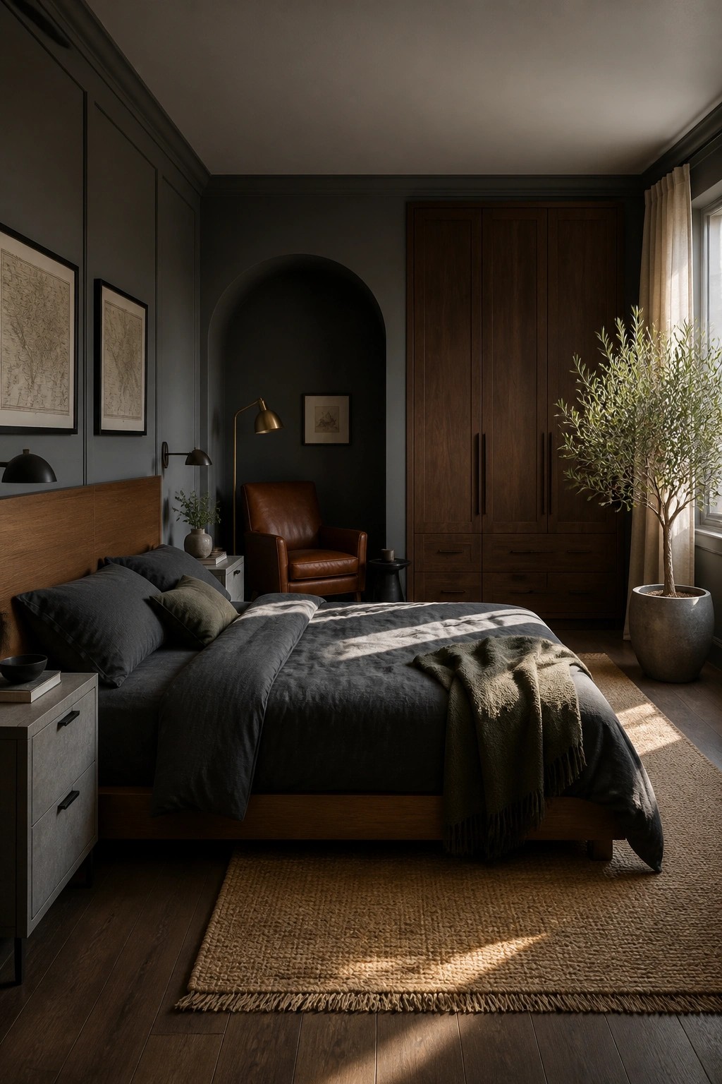 A bedroom with dark gray walls, a wooden bed with dark bedding, a large wooden wardrobe, a brown leather chair, and a jute rug on dark wood flooring.