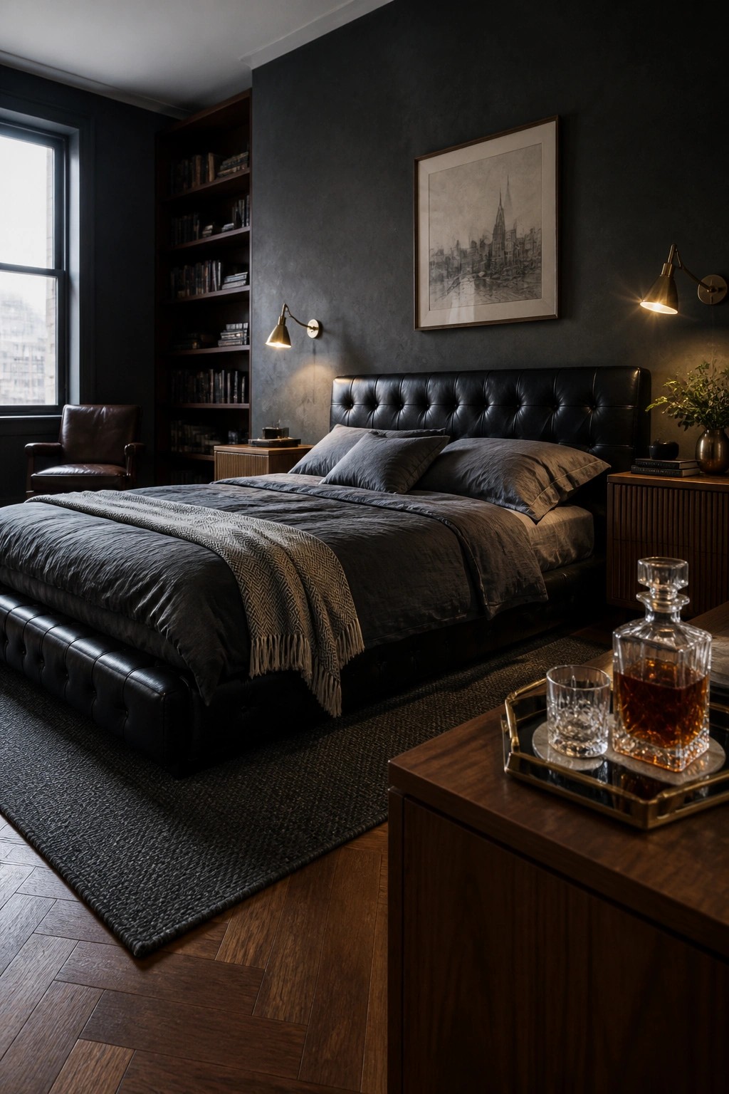 A bedroom with a large black leather bed against dark textured walls, a built-in bookshelf on the left, two wall sconces, and wooden nightstands.