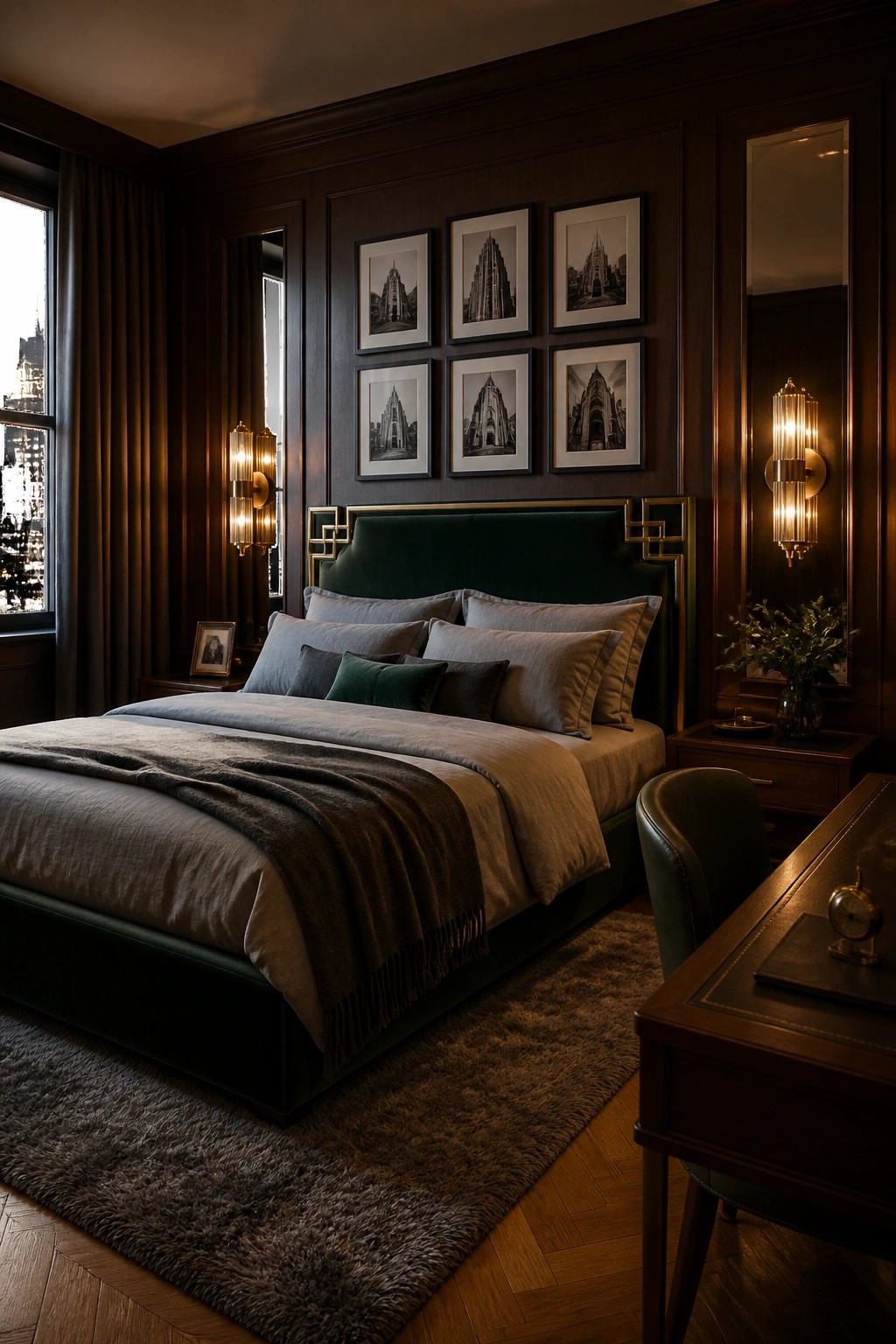 A bedroom featuring dark wood paneled walls, a green velvet bed with layered gray and green bedding, framed black and white architectural photos above the headboard, and warm wall sconces.