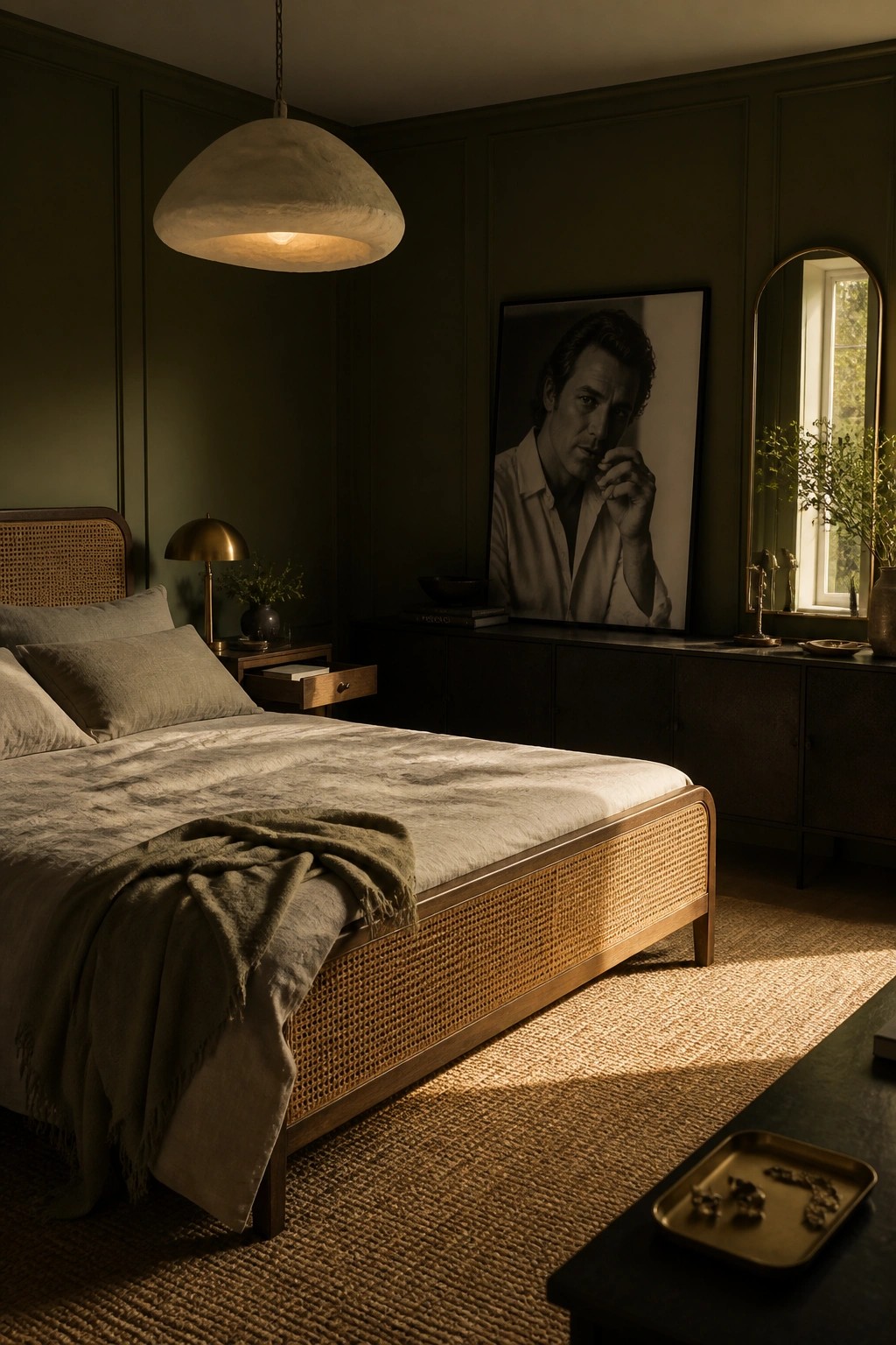 A bedroom with dark green paneled walls, a wooden bed with cane sides, and a large black and white portrait hanging above a dark wood dresser.
