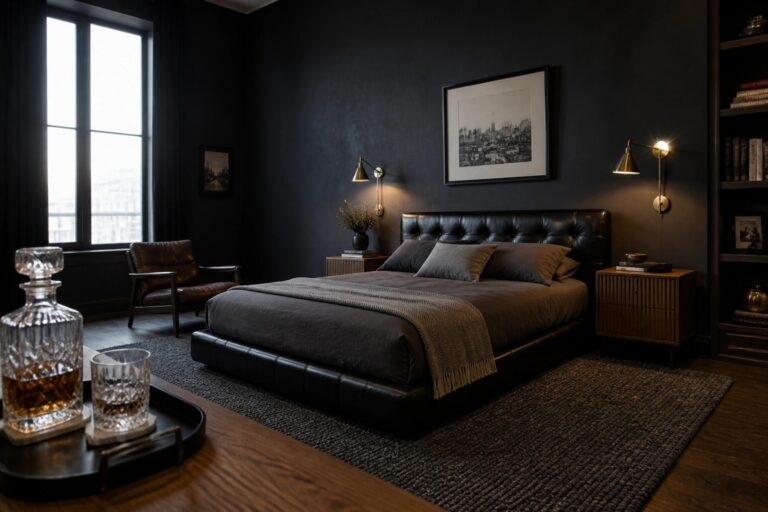 19 Modern Gentleman Bedroom Ideas for a Sleek and Elevated Space A bedroom with a large black leather bed against dark textured walls, a built-in bookshelf on the left, two wall sconces, and wooden nightstands.