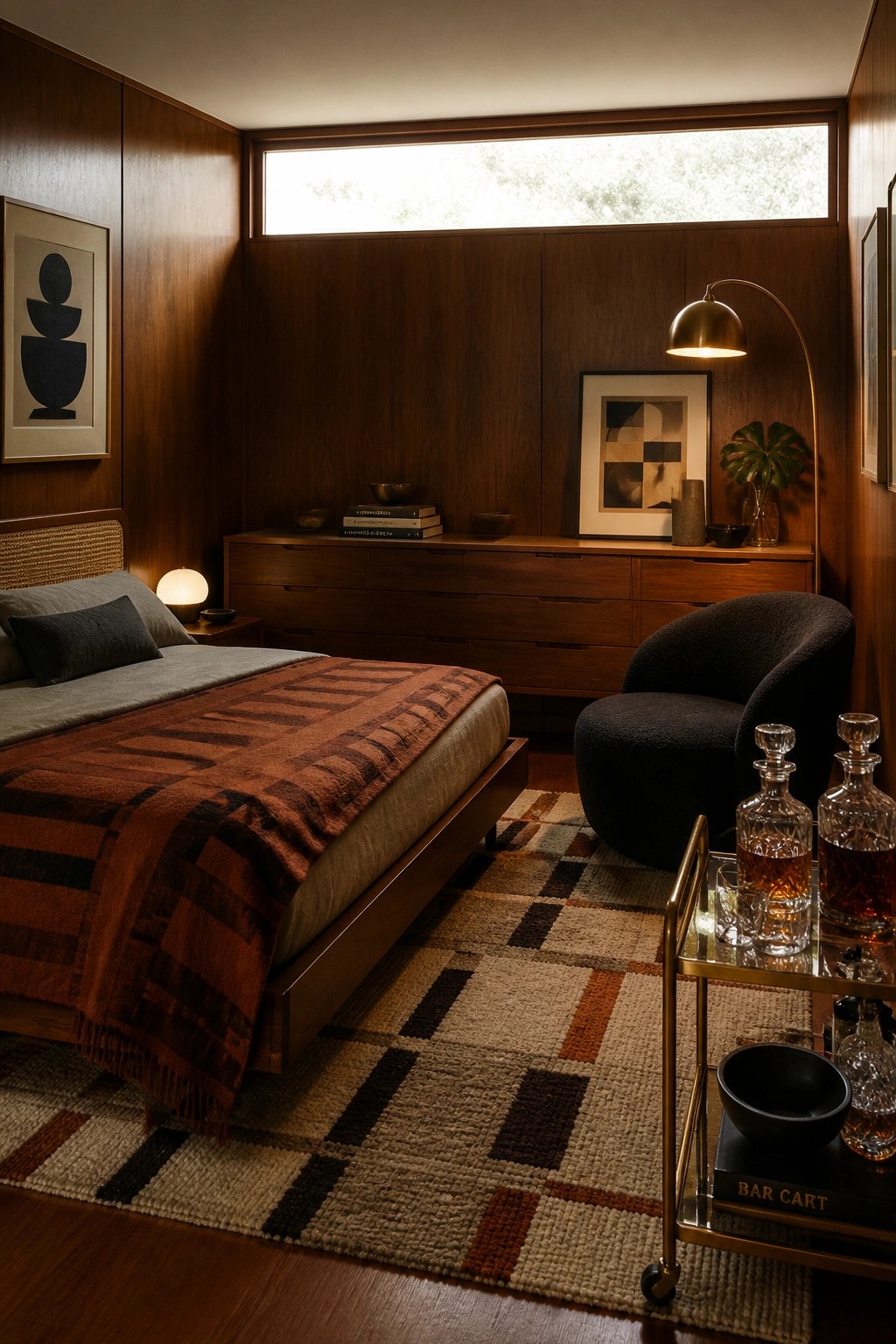 A modern bedroom with dark wood walls, a bed with a striped throw, a black armchair, and a rolling bar cart holding glass decanters in the foreground.