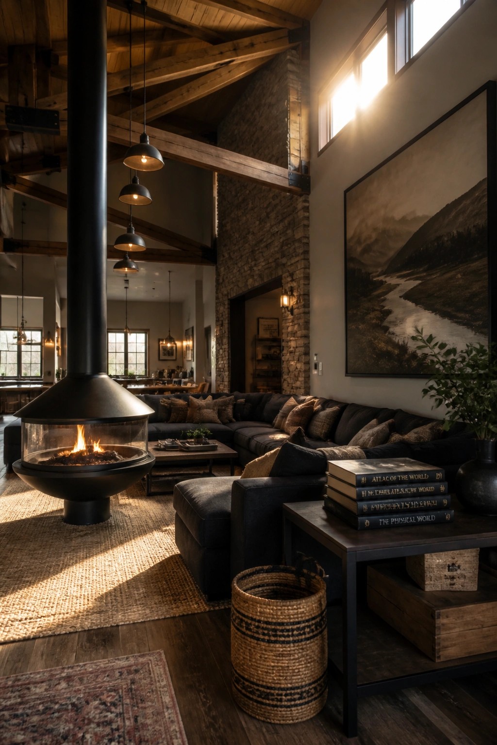A living room with a black suspended fireplace on a woven rug, dark sectional sofa, stone chimney, and exposed wooden ceiling beams.