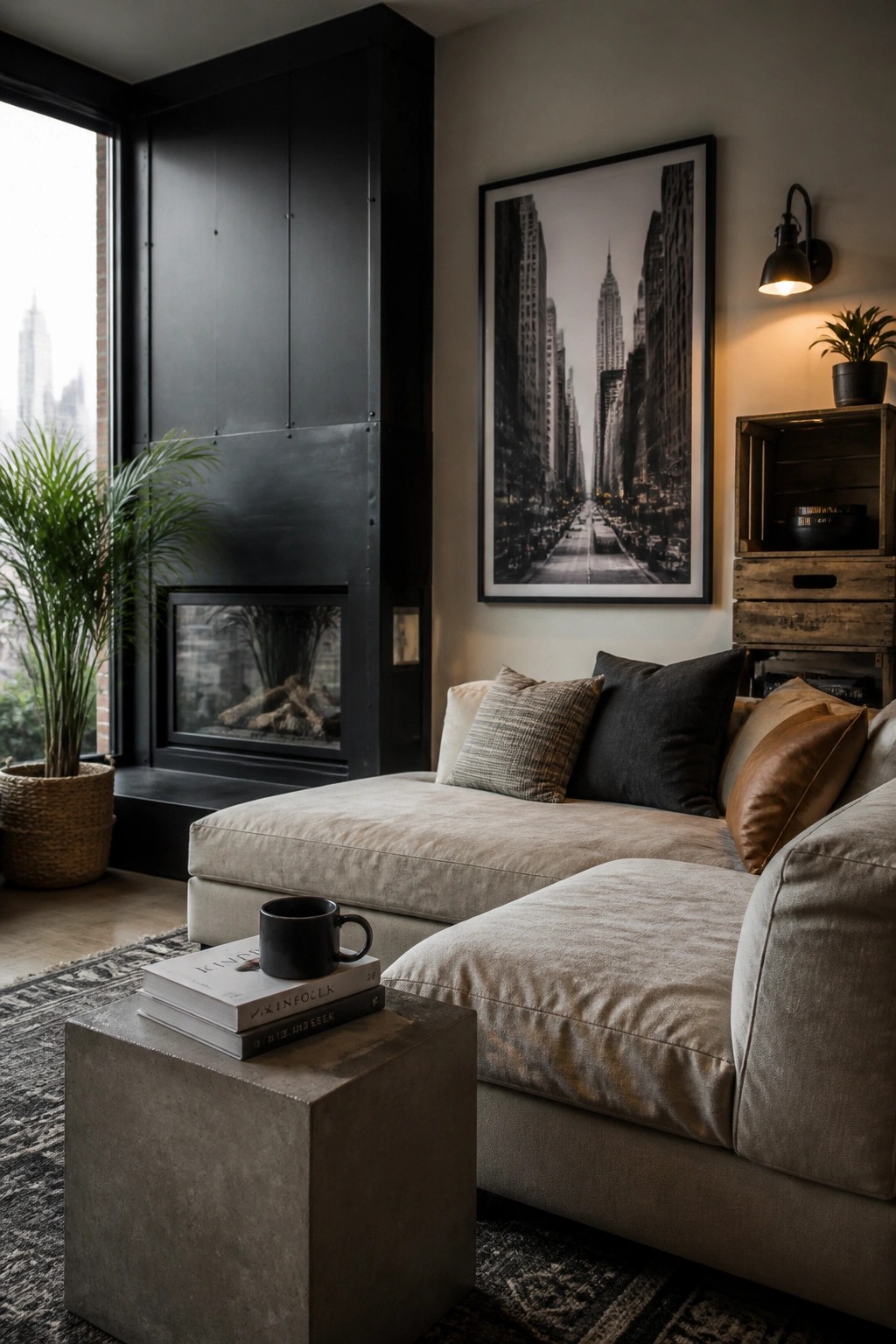 A living room with a large beige sectional sofa positioned in front of a black built-in fireplace, a concrete coffee table with stacked books and a mug, and black and white city artwork on the wall.