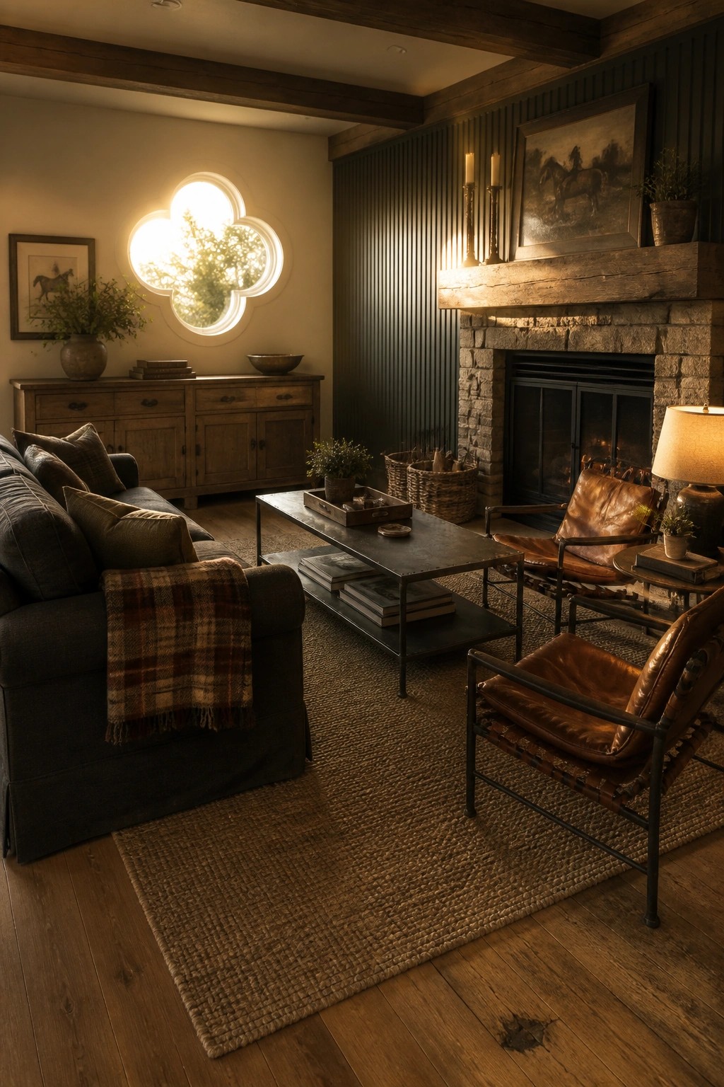 A living room featuring a dark sofa with a plaid throw, two brown leather armchairs, a stone fireplace, wooden console, and a large area rug on hardwood flooring.