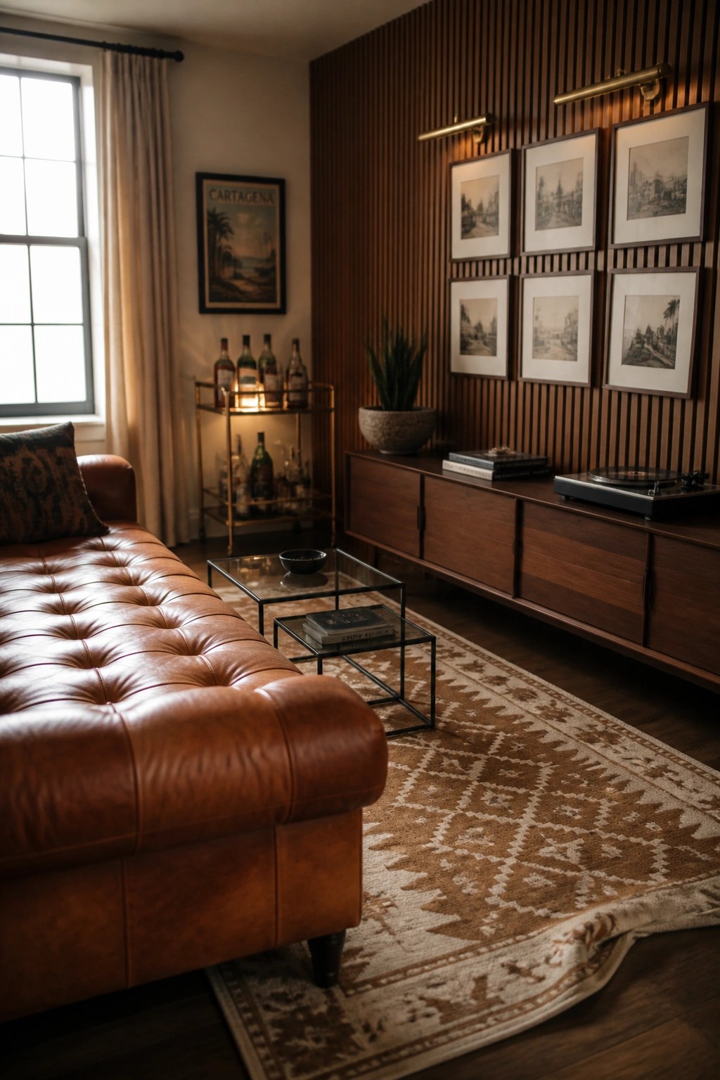 Brown leather sofa, patterned rug, wooden credenza, record player, and framed art gallery wall