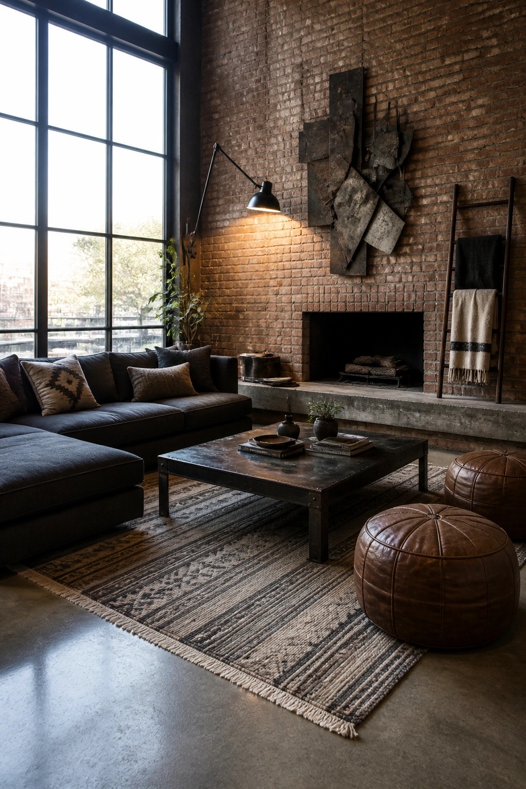 A modern living room featuring a dark sectional sofa, metal coffee table on a patterned rug, two brown leather ottomans, and a brick fireplace with metal wall art.
