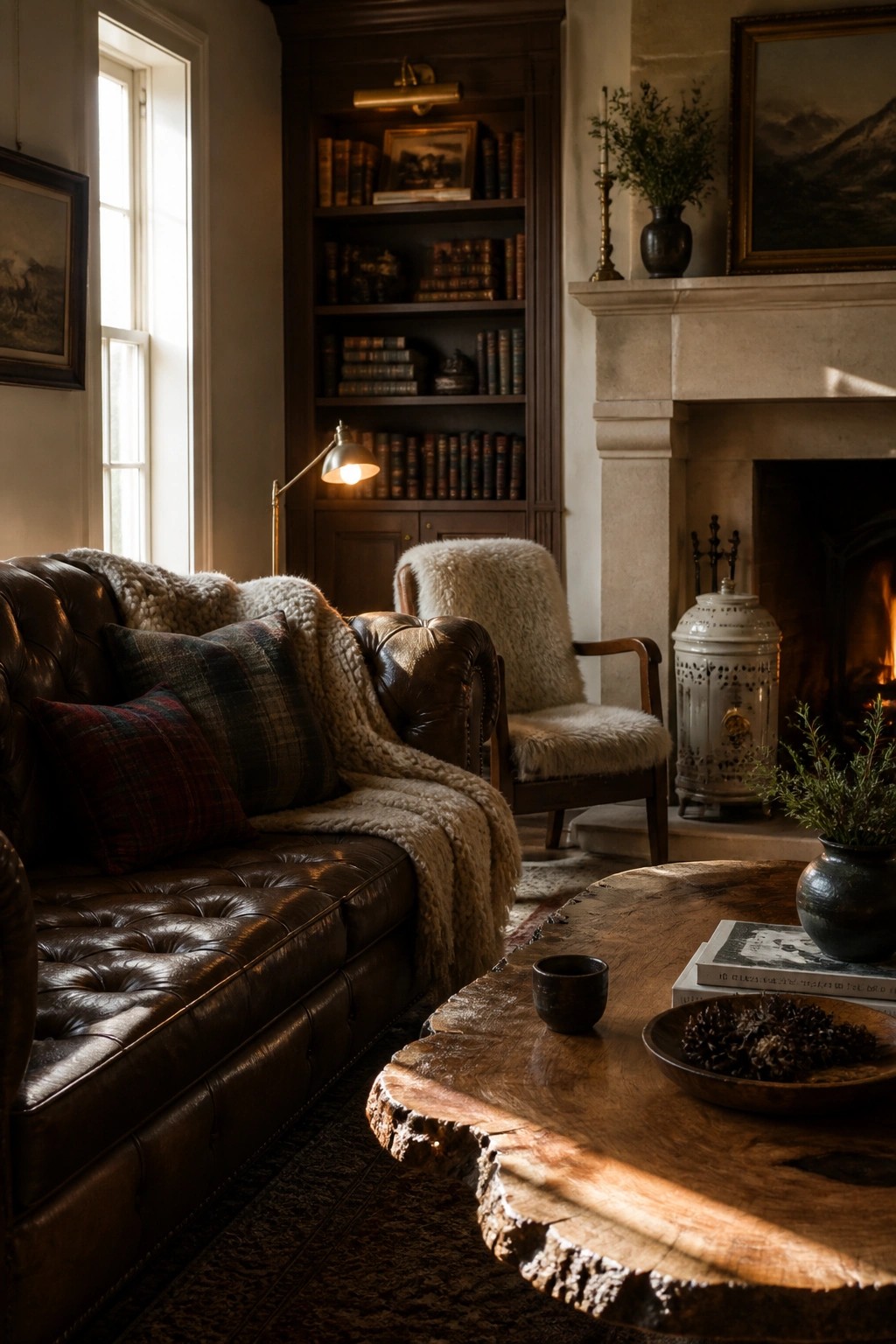 A living room with a dark leather sofa, a large dark wood built-in bookshelf, a stone fireplace, and a wooden coffee table in natural light.