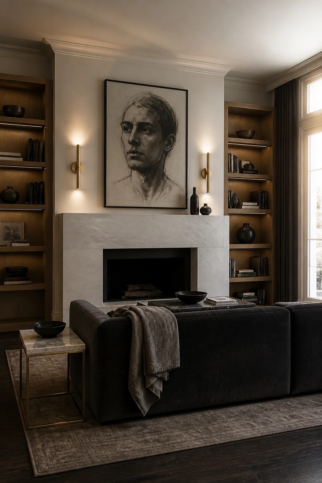 A living room featuring a dark sectional sofa in front of a marble fireplace with a large portrait above it and built-in wooden bookshelves on both sides.