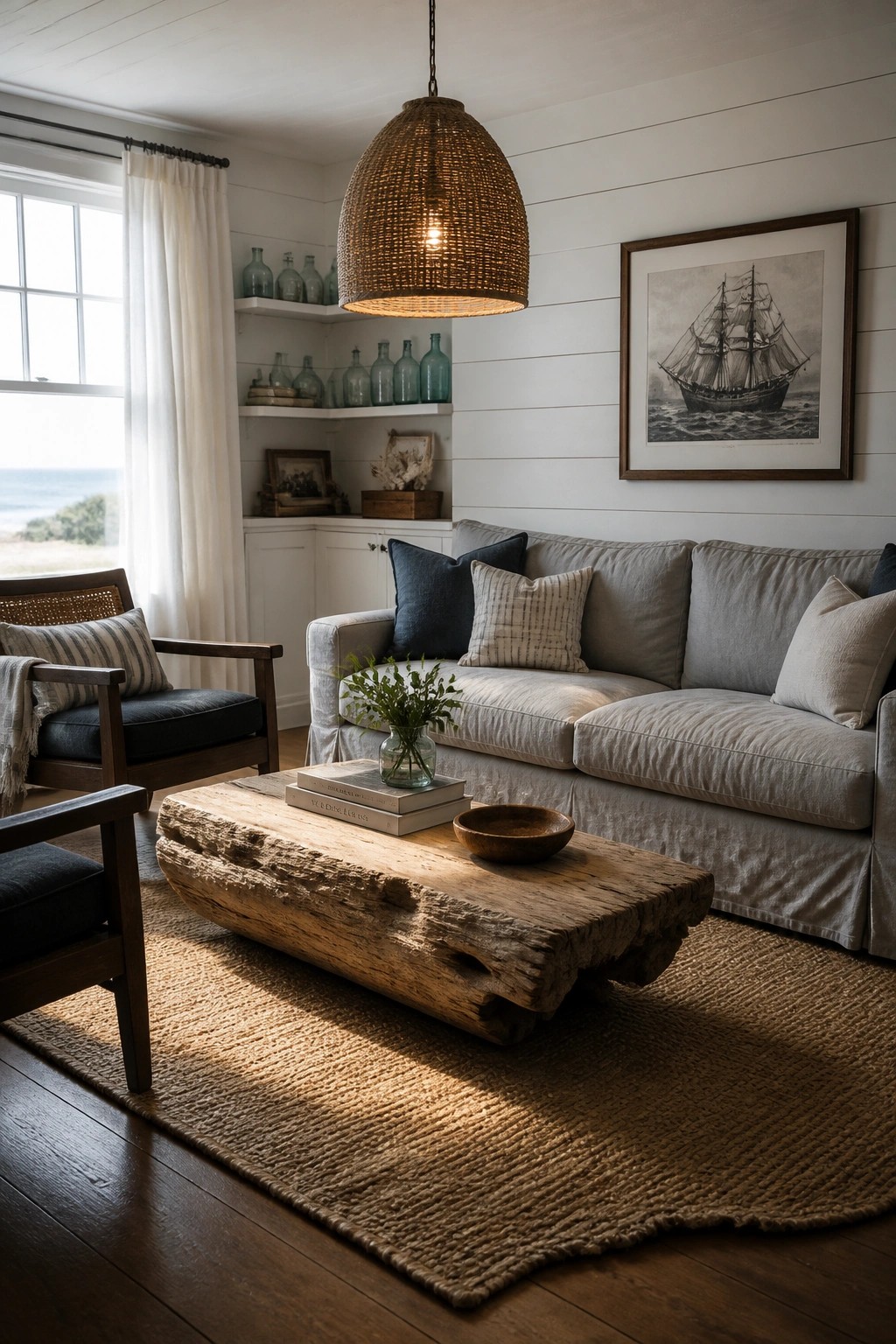 A living room featuring a gray sofa, wooden armchair, large rustic wood coffee table on a jute rug, woven pendant light, and framed ship artwork on white walls.