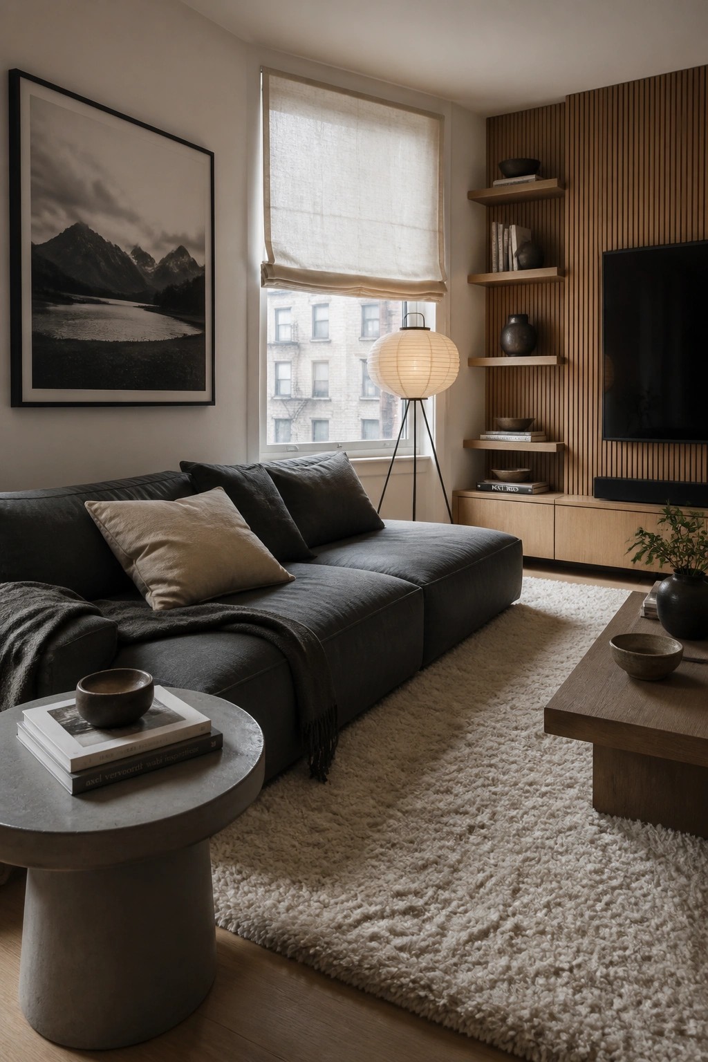 A living room featuring a dark gray sectional sofa, light walls with a large black and white landscape print, wooden slat wall with floating shelves and TV, shag rug, and round side table.