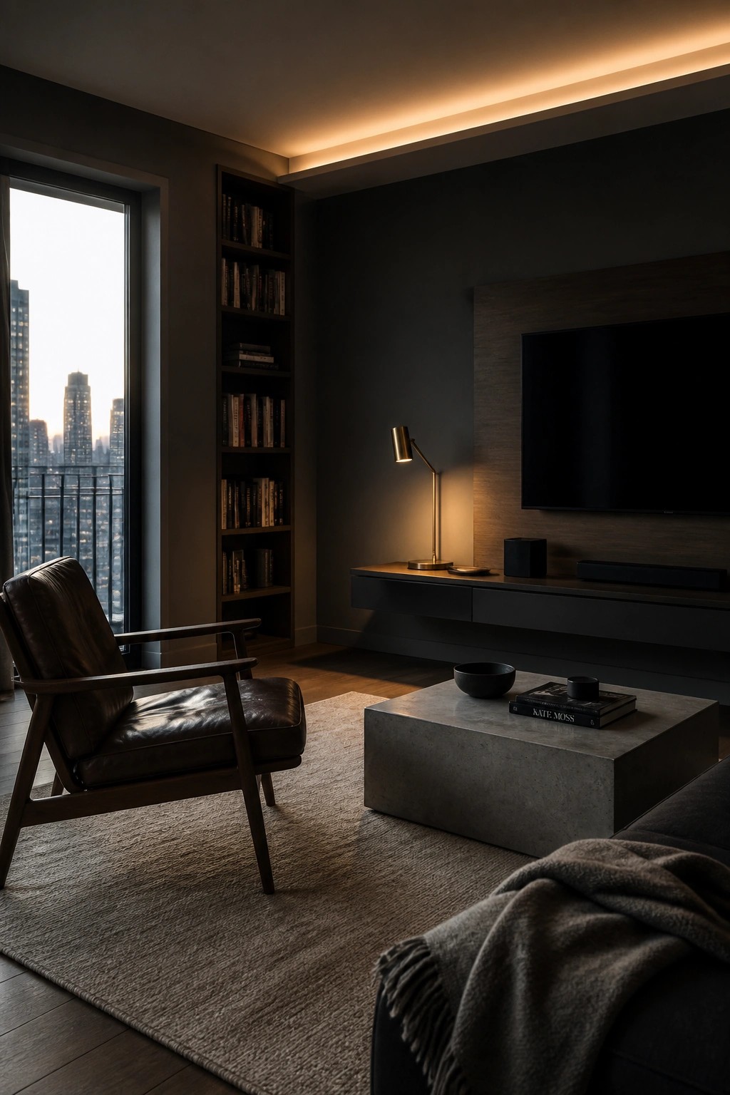 A modern living room with dark gray walls, a brown leather armchair, built-in bookshelves, a floating media console with television, and a concrete coffee table on a large rug.