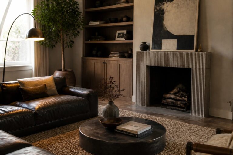 19 Neutral Masculine Living Room Ideas for a Calm Cohesive Space A living room with a dark leather sofa, round dark coffee table on a woven rug, stone fireplace, and abstract art above the mantel.
