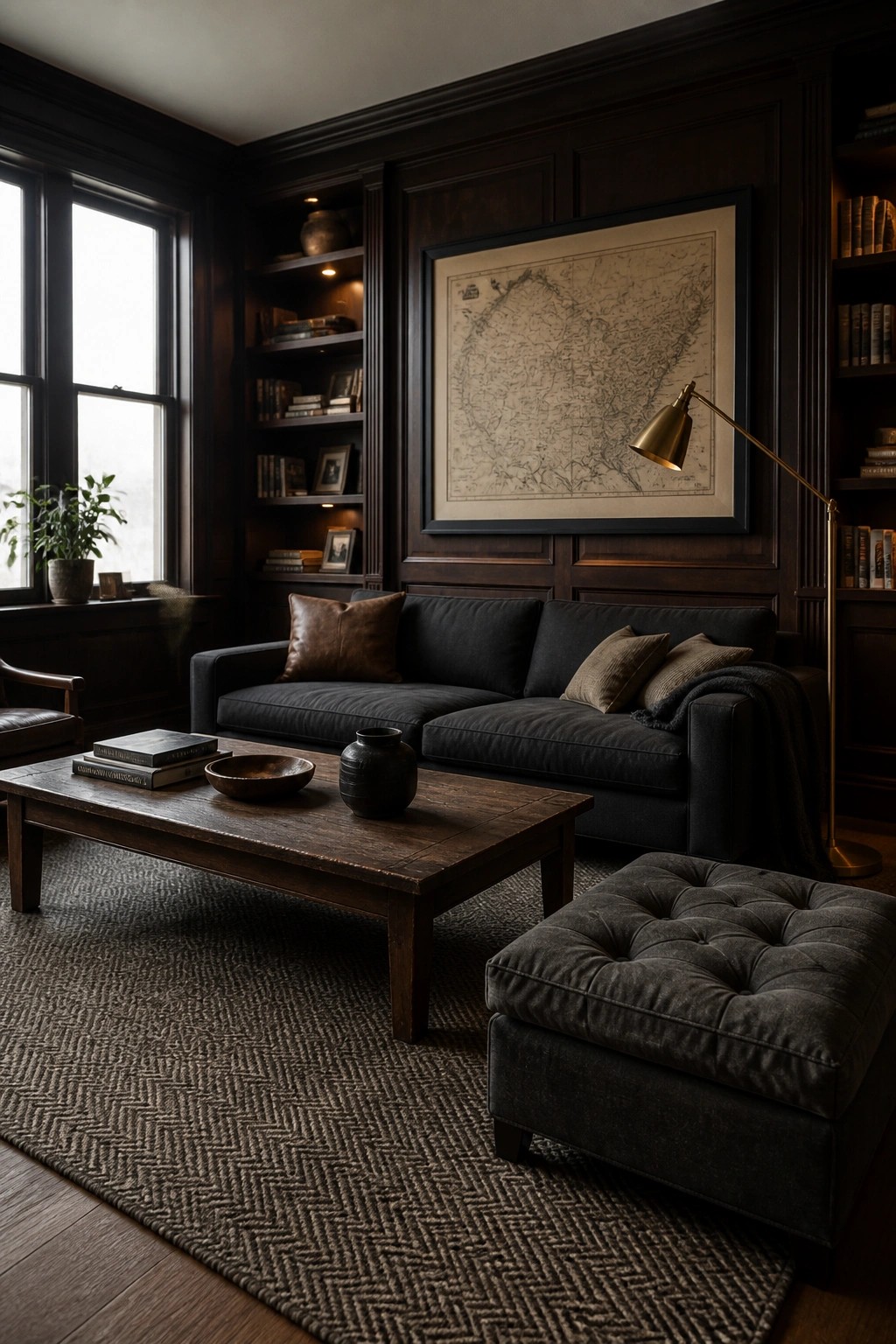 A living room with dark wood paneled walls and built-in bookshelves, a dark gray sofa, wooden coffee table on a herringbone rug, and a large framed map above the sofa.