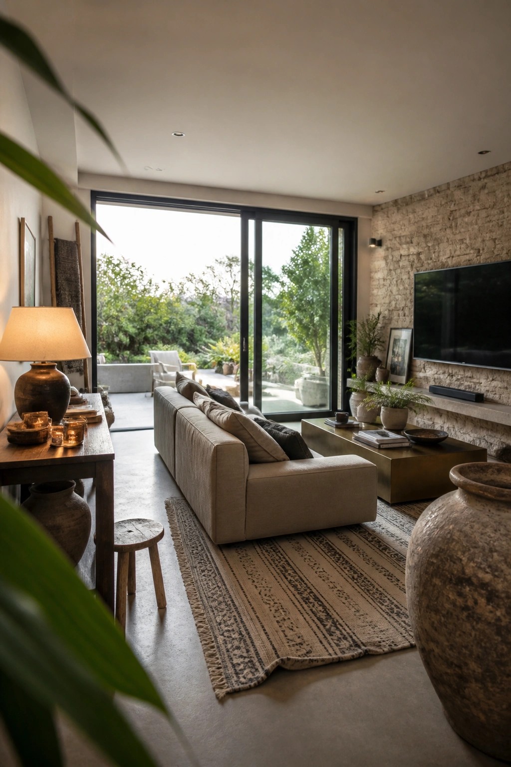 A neutral living room with a beige sectional sofa on a patterned rug, a stone accent wall holding a television, a wooden coffee table, and large glass doors opening to an outdoor view.