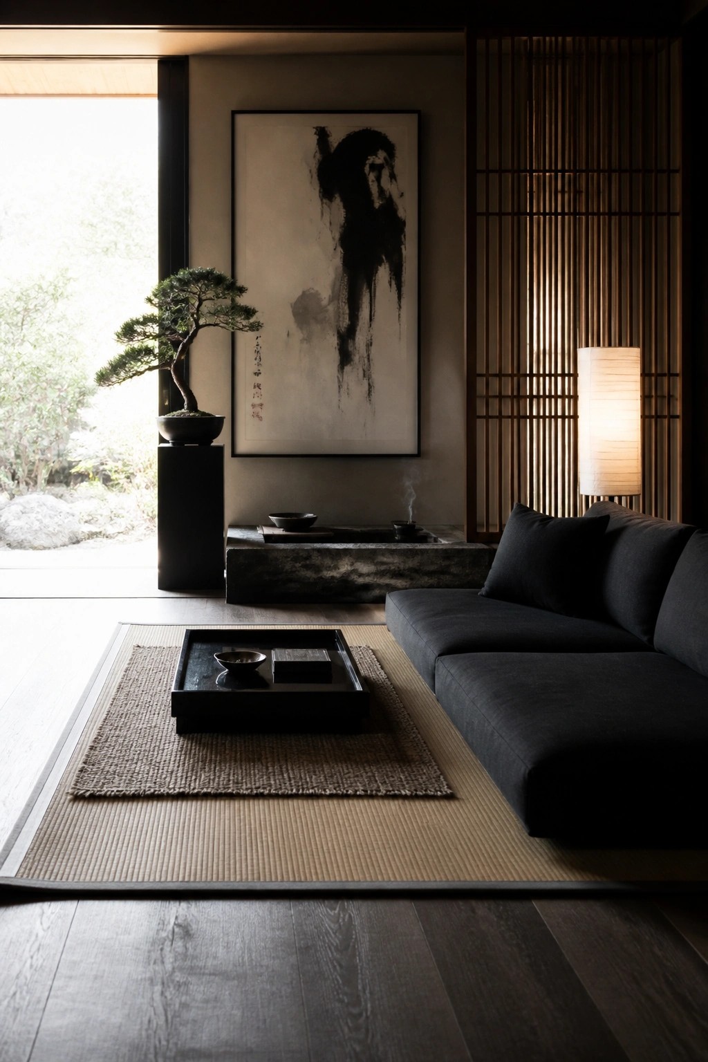 Minimalist Japanese room with dark sofa, tatami mat, bonsai tree, and ink painting.