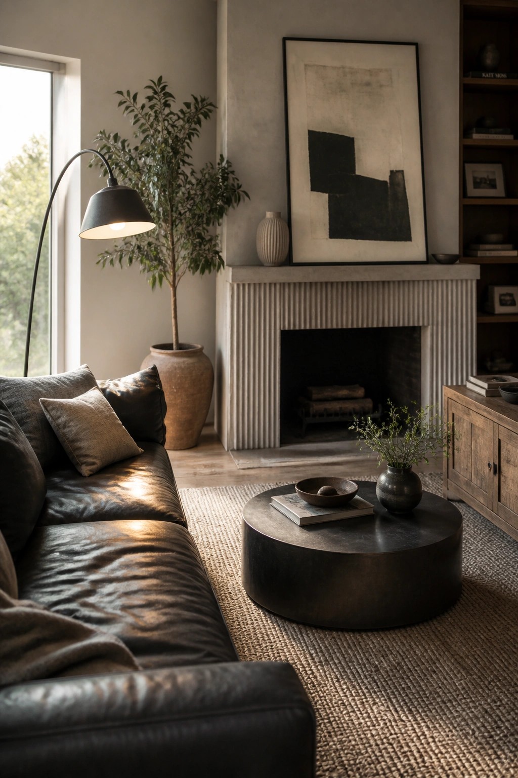 A living room with a dark leather sofa, round dark coffee table on a woven rug, stone fireplace, and abstract art above the mantel.