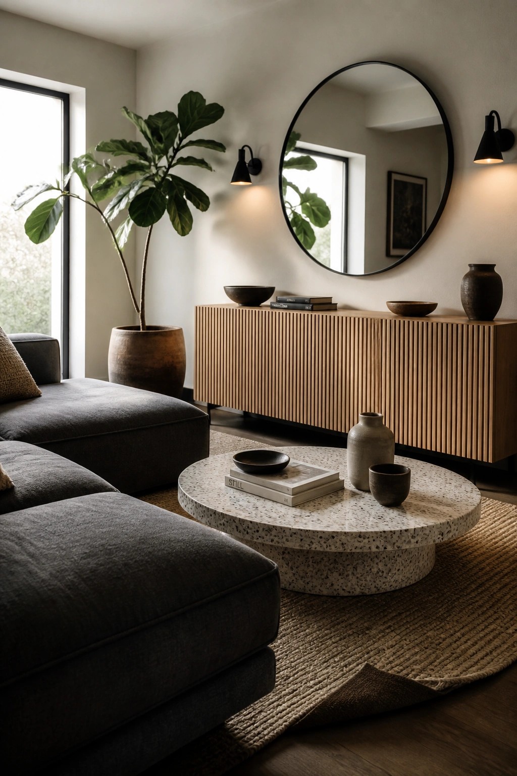 A living room with a dark gray sectional sofa, round speckled coffee table holding books and bowls, wooden slatted console with decor items, large round mirror on the wall, and a potted plant nearby.