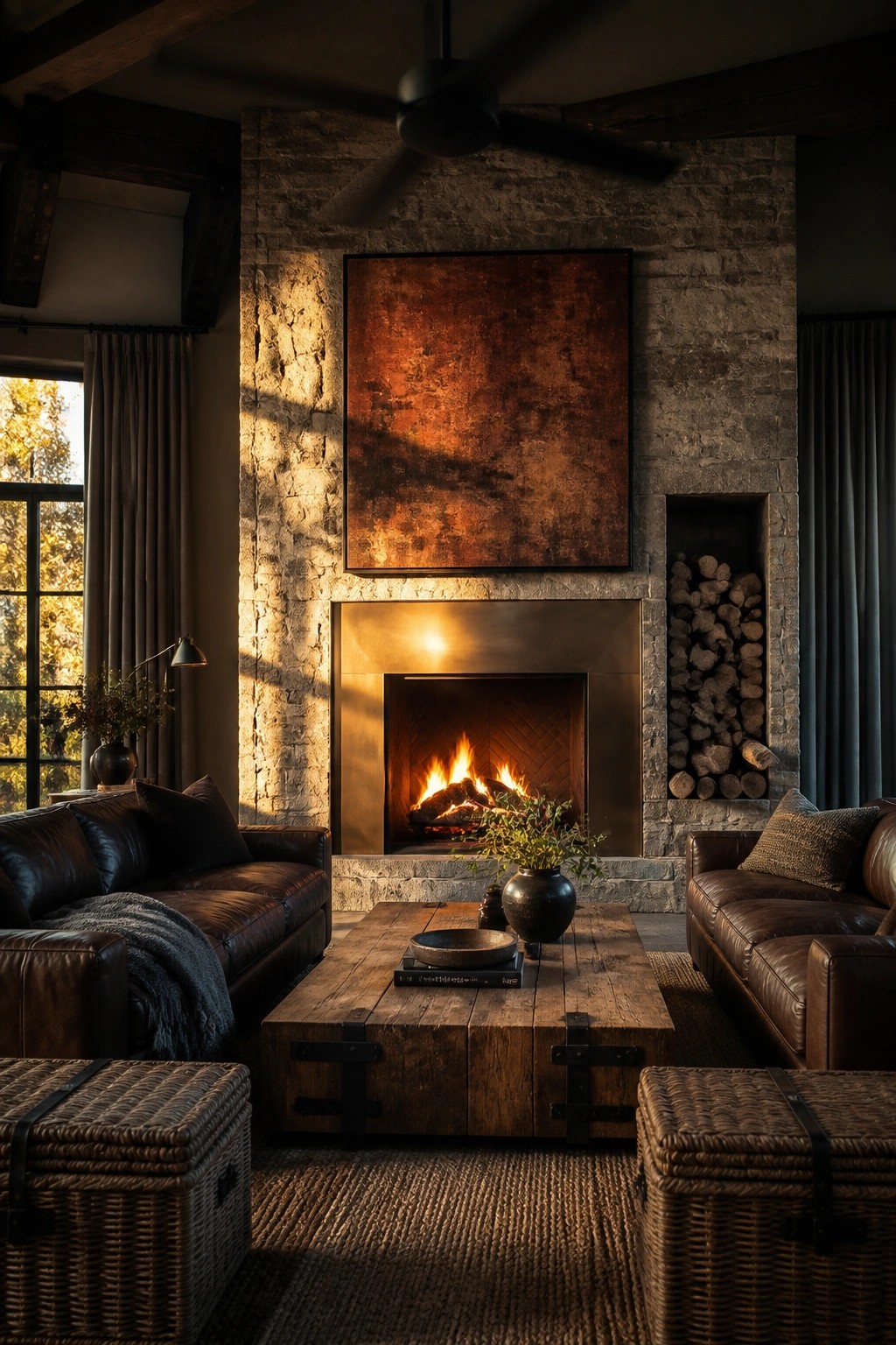 A living room featuring two dark brown leather sofas facing a central wooden coffee table, with a large stone fireplace and burning fire as the main focal point.