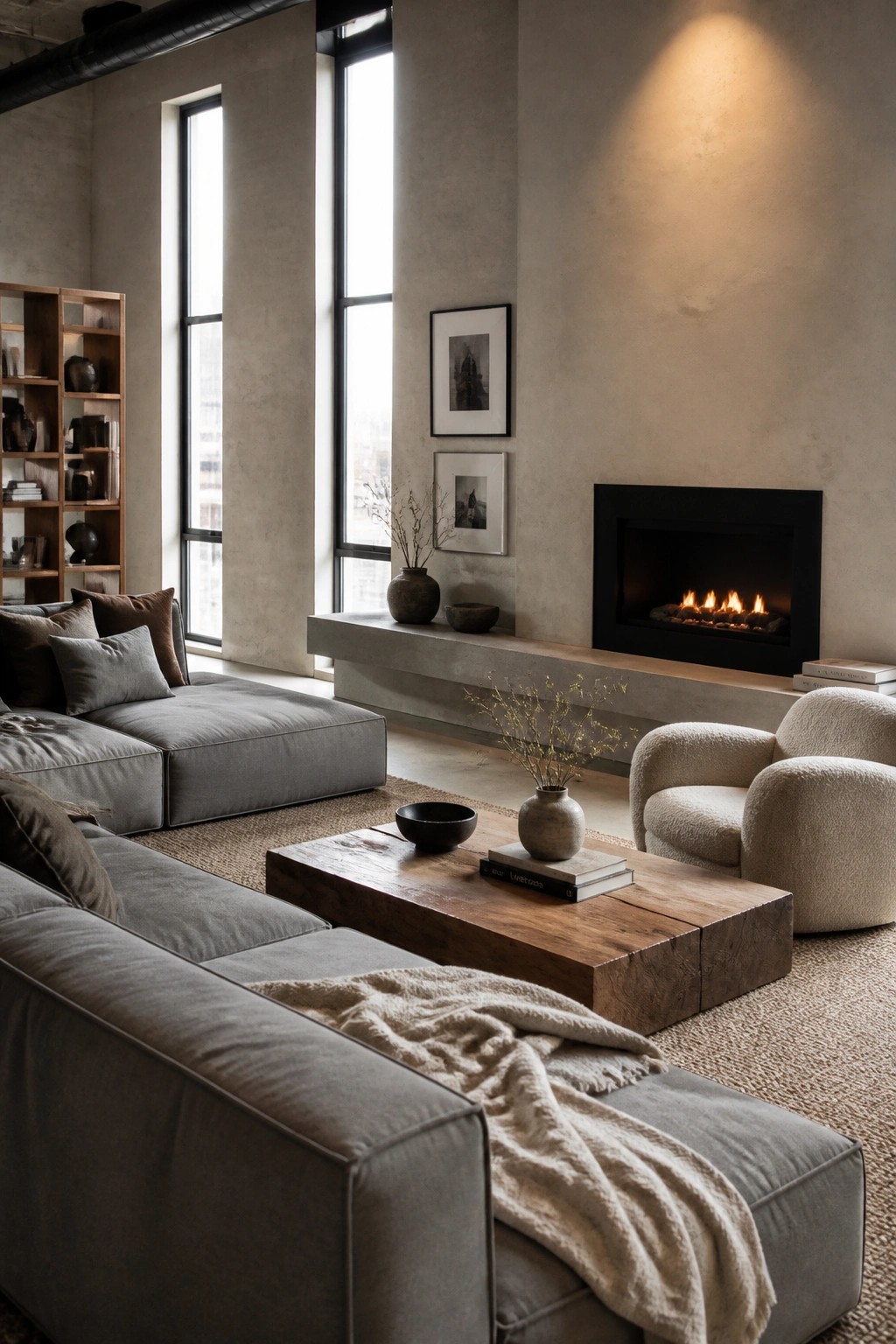 A neutral living room featuring gray modular sectionals, a wooden coffee table, and a modern fireplace with concrete surround.