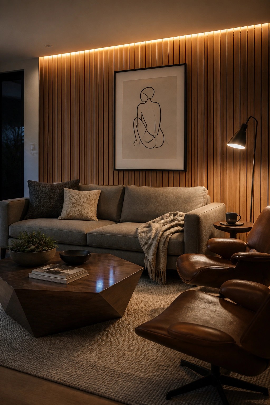 A neutral living room featuring a gray sofa, brown leather lounge chairs, a wooden coffee table on a rug, and a backlit vertical wood slat accent wall with framed line art.