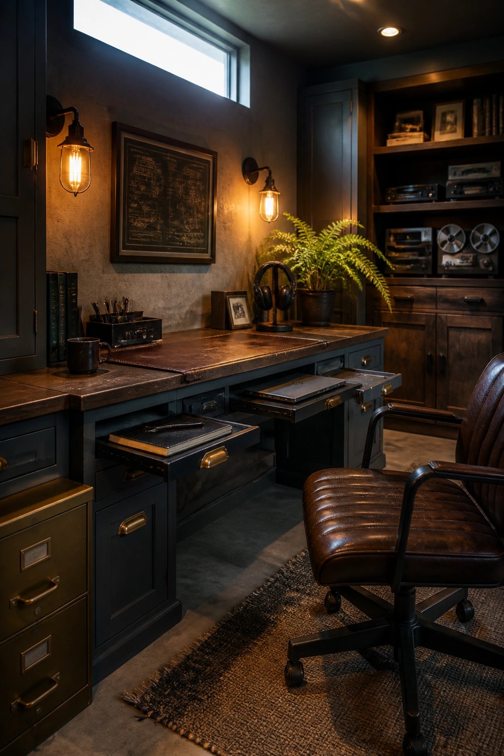 A dark wooden desk with several open drawers in a masculine home office, featuring a brown leather office chair, wall sconces, and a framed blueprint on the wall.