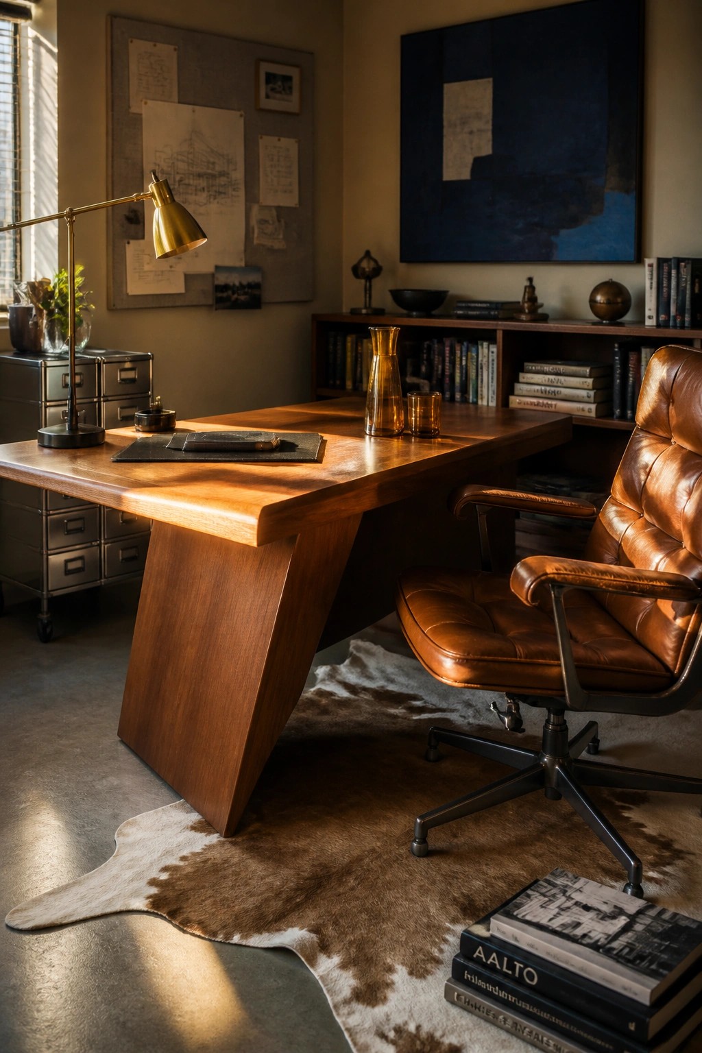 A home office with a large wooden desk, brown leather office chair on a cowhide rug, bookshelves, and a brass desk lamp.