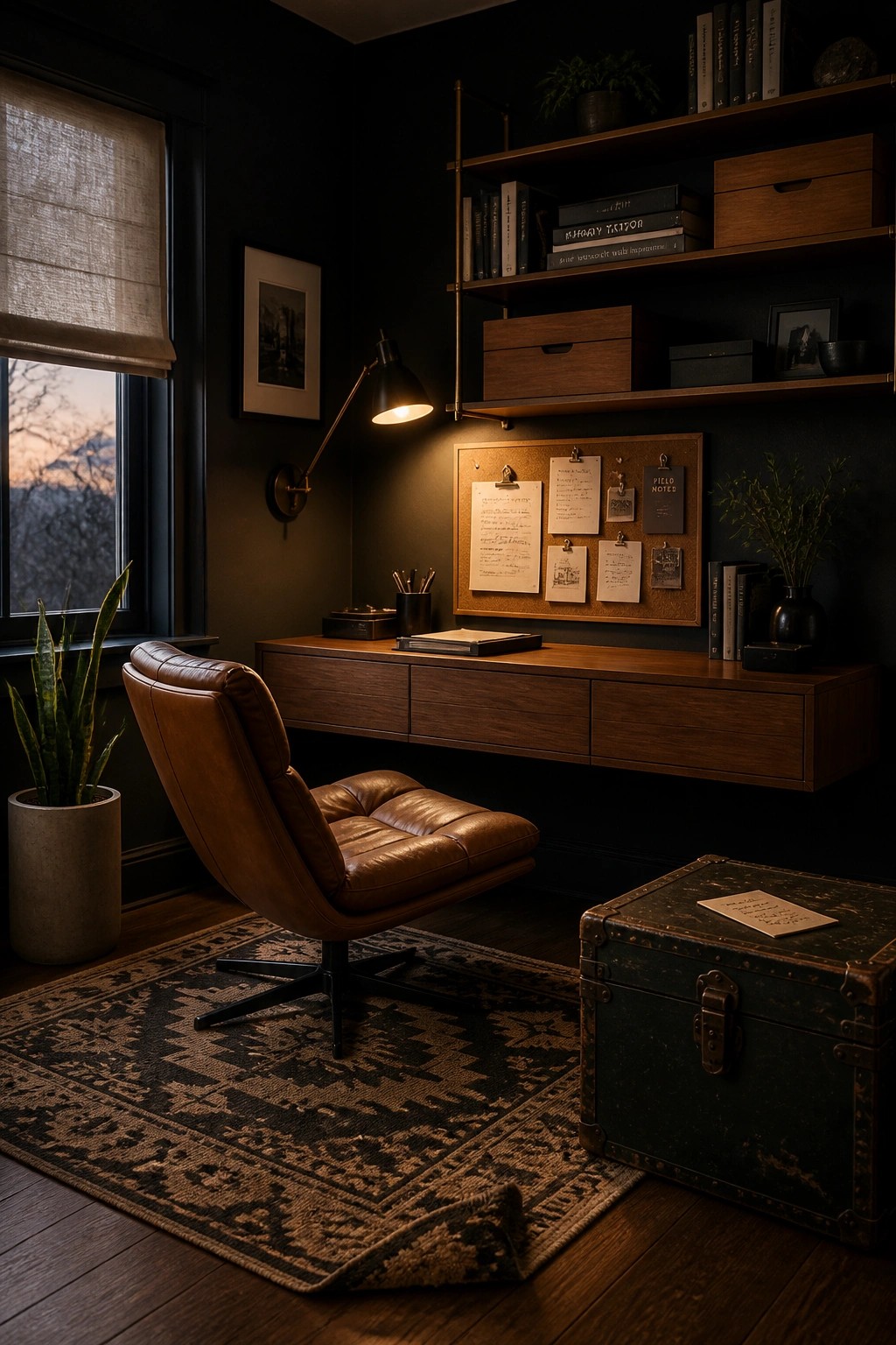 A masculine home office featuring a floating wooden desk, brown leather chair, and corkboard with clipped papers on a dark wall.