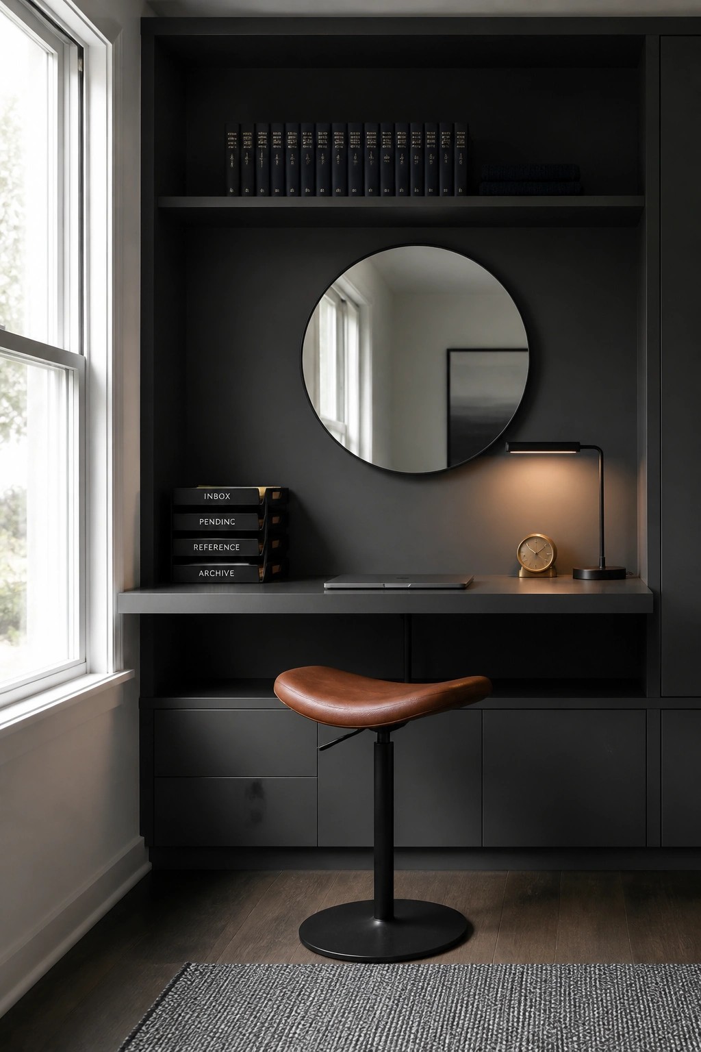 A dark built-in desk setup in a home office with a round mirror, brown leather stool, laptop, desk lamp, and labeled storage trays on the left side.