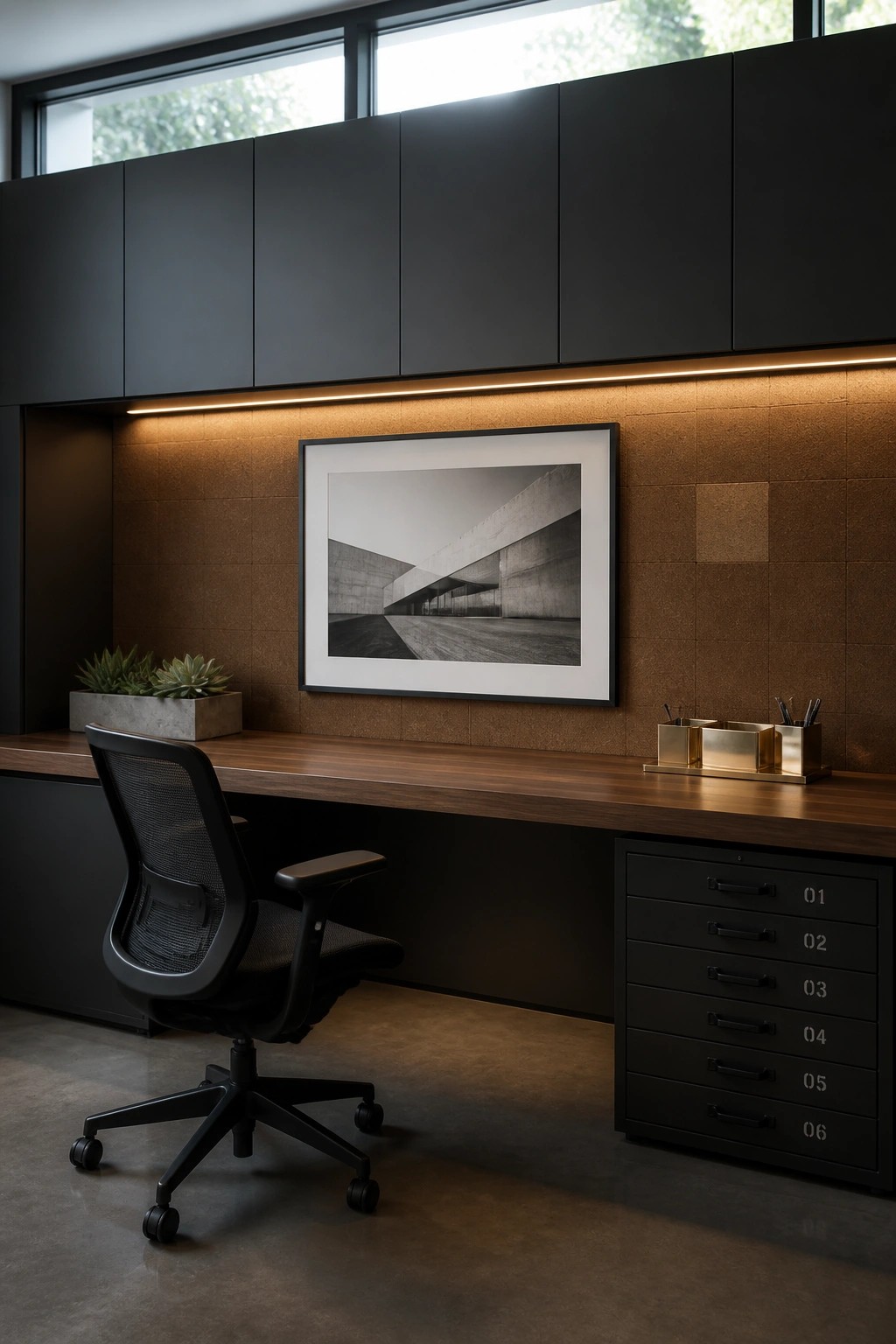 Modern office with wooden desk, black mesh chair, framed architectural photo, and warm lighting.